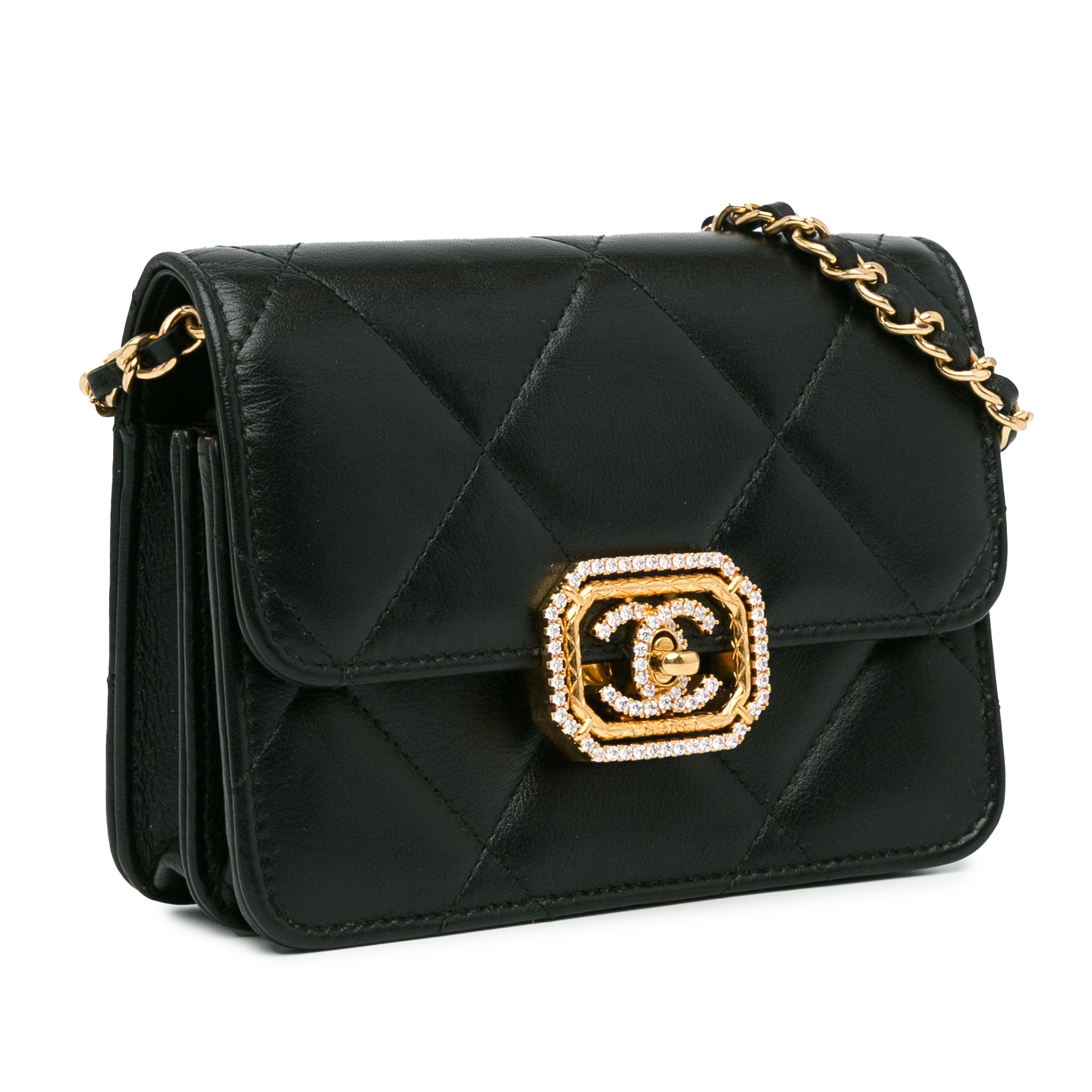 Chanel | Pre-Owned Quilted Calfskin Strass Clutch With Chain Flap | Black