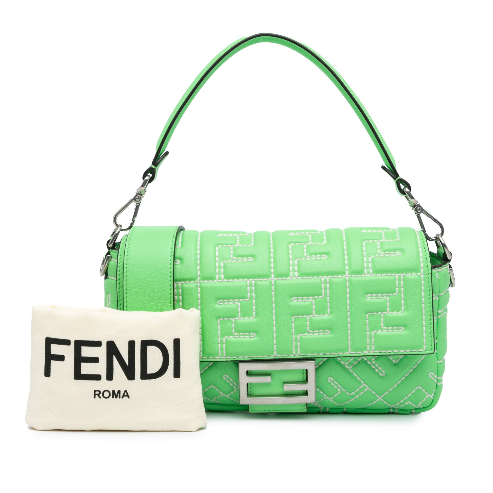 Fendi | Pre-Owned Zucca Embossed Stitched Leather Baguette Satchel - II | Green/Light Green
