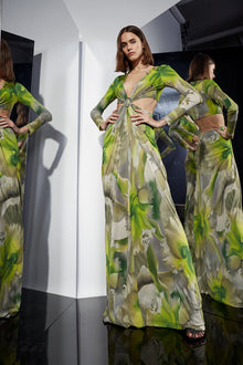 Halston | Jen Jersey V-Neck Draped Gown | Tropical Orchid Print