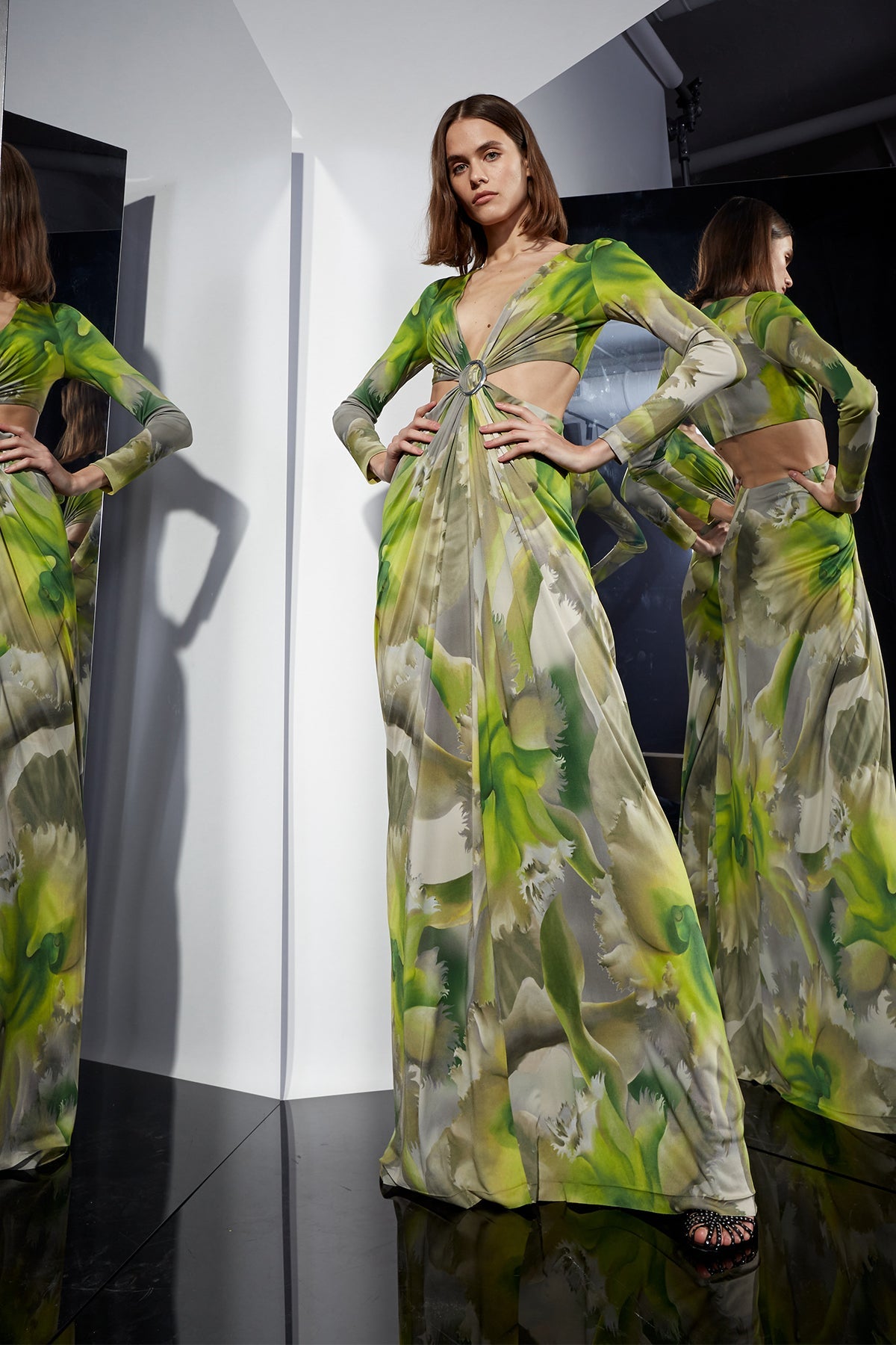 Halston | Jen Jersey V-Neck Draped Gown | Tropical Orchid Print