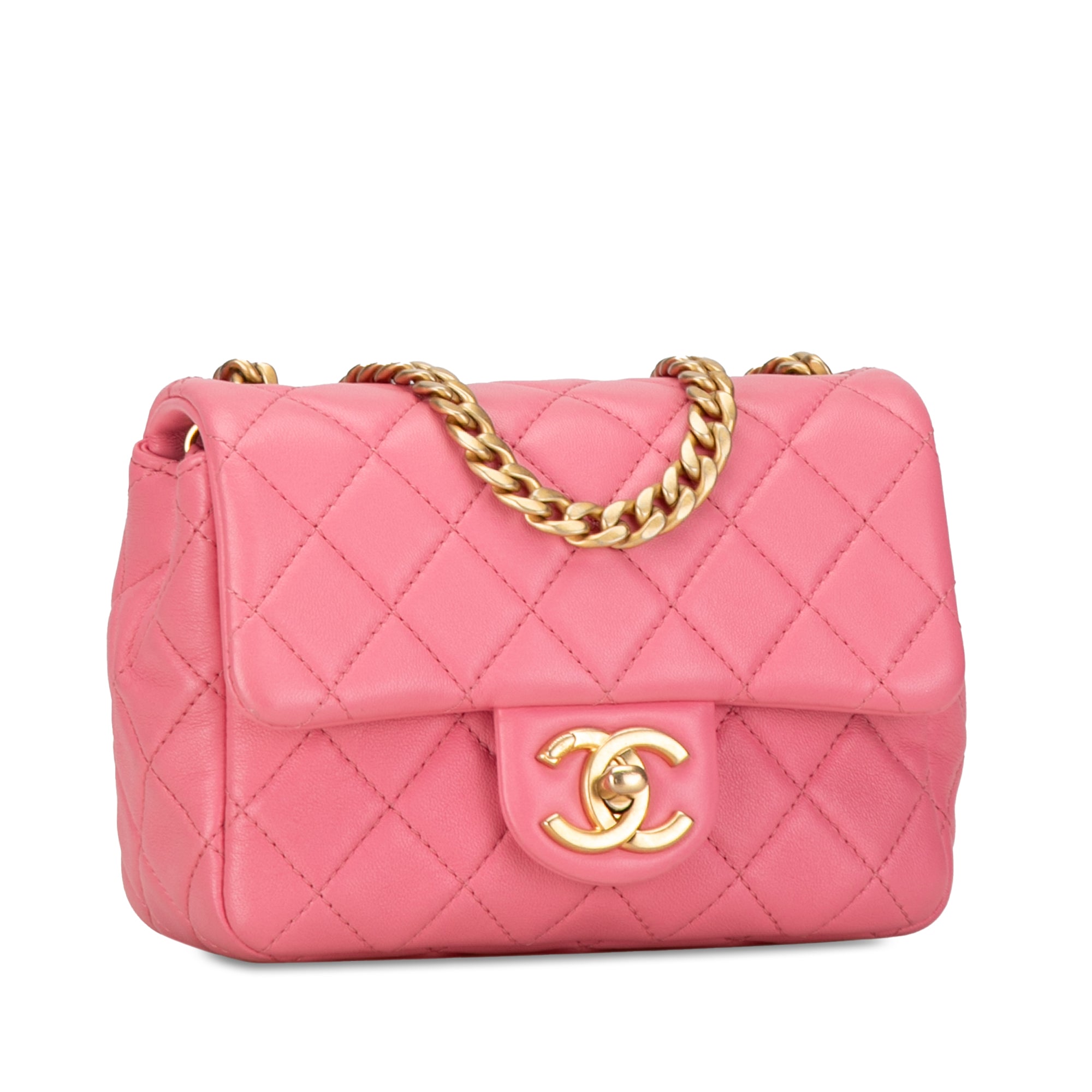 Chanel | Pre-Owned Mini Square Lambskin Pearl Samba Flap | Pink