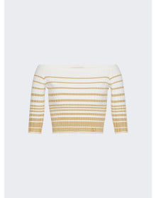 Valentino | Women | Striped Off-shoulder Cropped Top | White x Gold