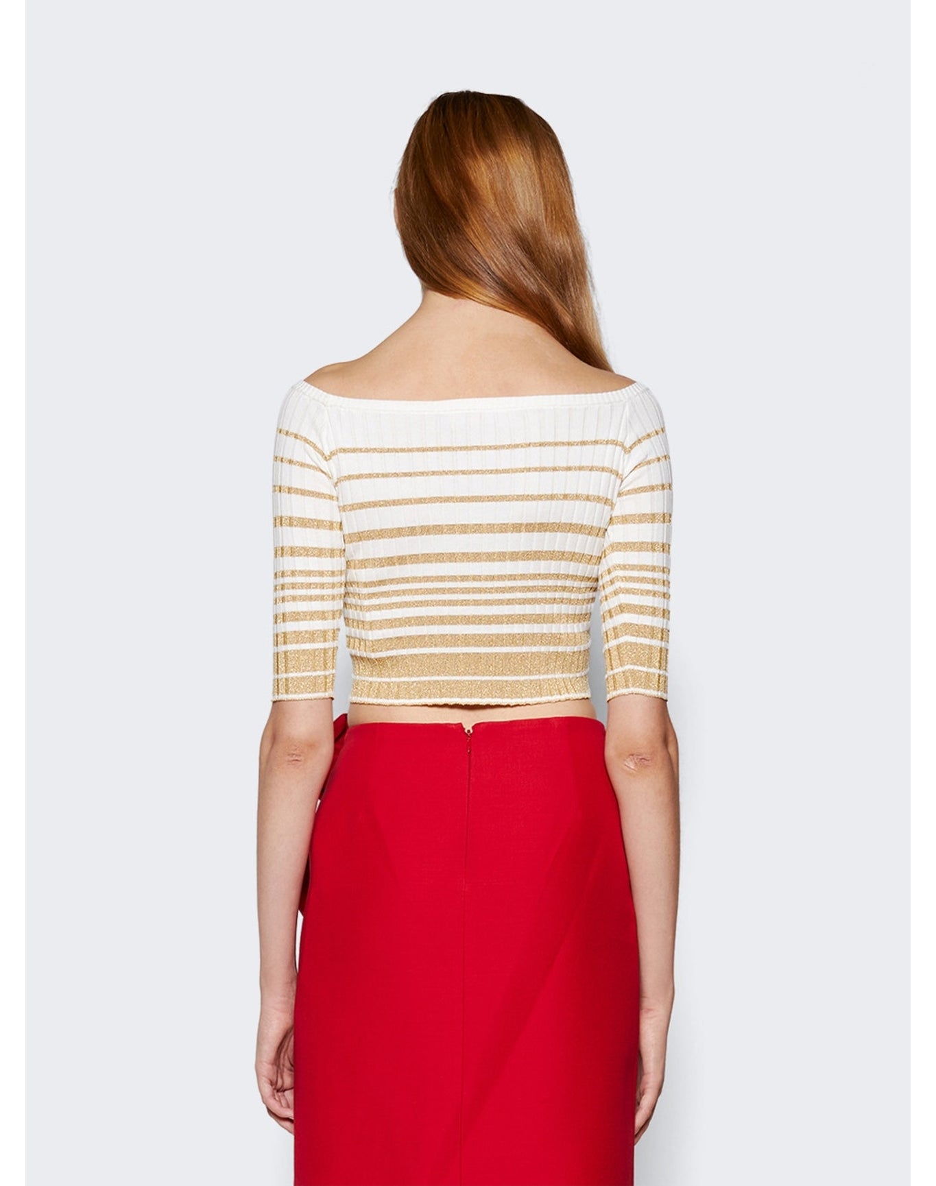 Valentino | Women | Striped Off-shoulder Cropped Top | White x Gold