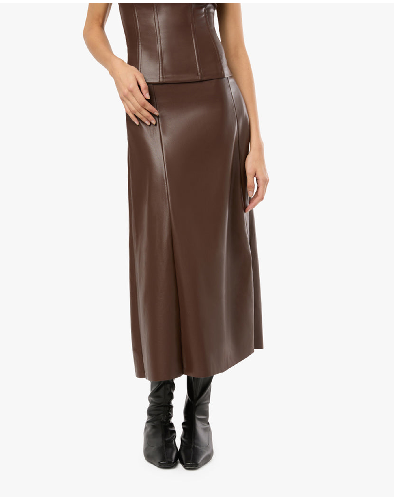 Vegan Leather Flare Midi Skirt | Brown