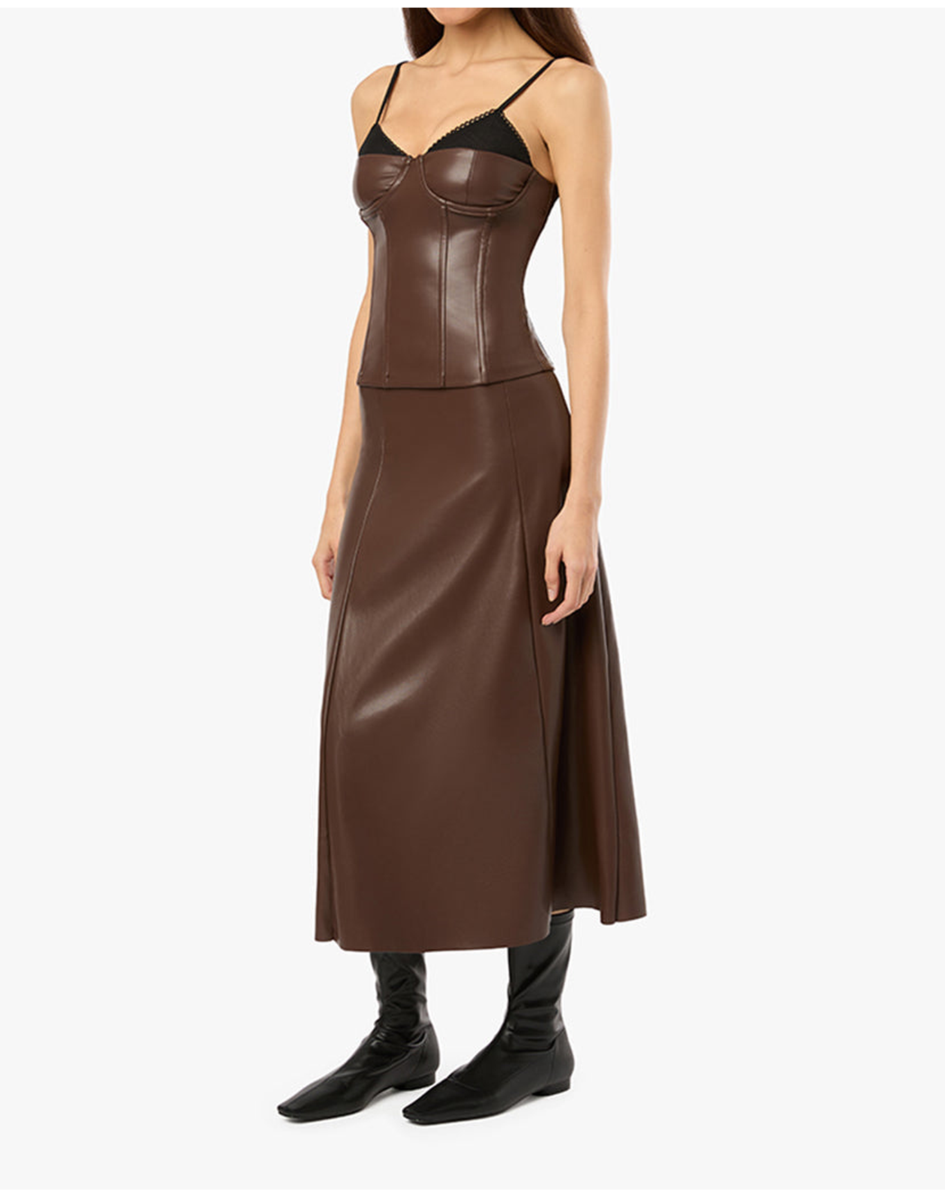 Vegan Leather Flare Midi Skirt | Brown
