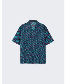 Versace | Men | Cotton Voile La Greca Short Sleeve Shirt | Teal x Purple