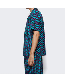 Versace | Men | Cotton Voile La Greca Short Sleeve Shirt | Teal x Purple