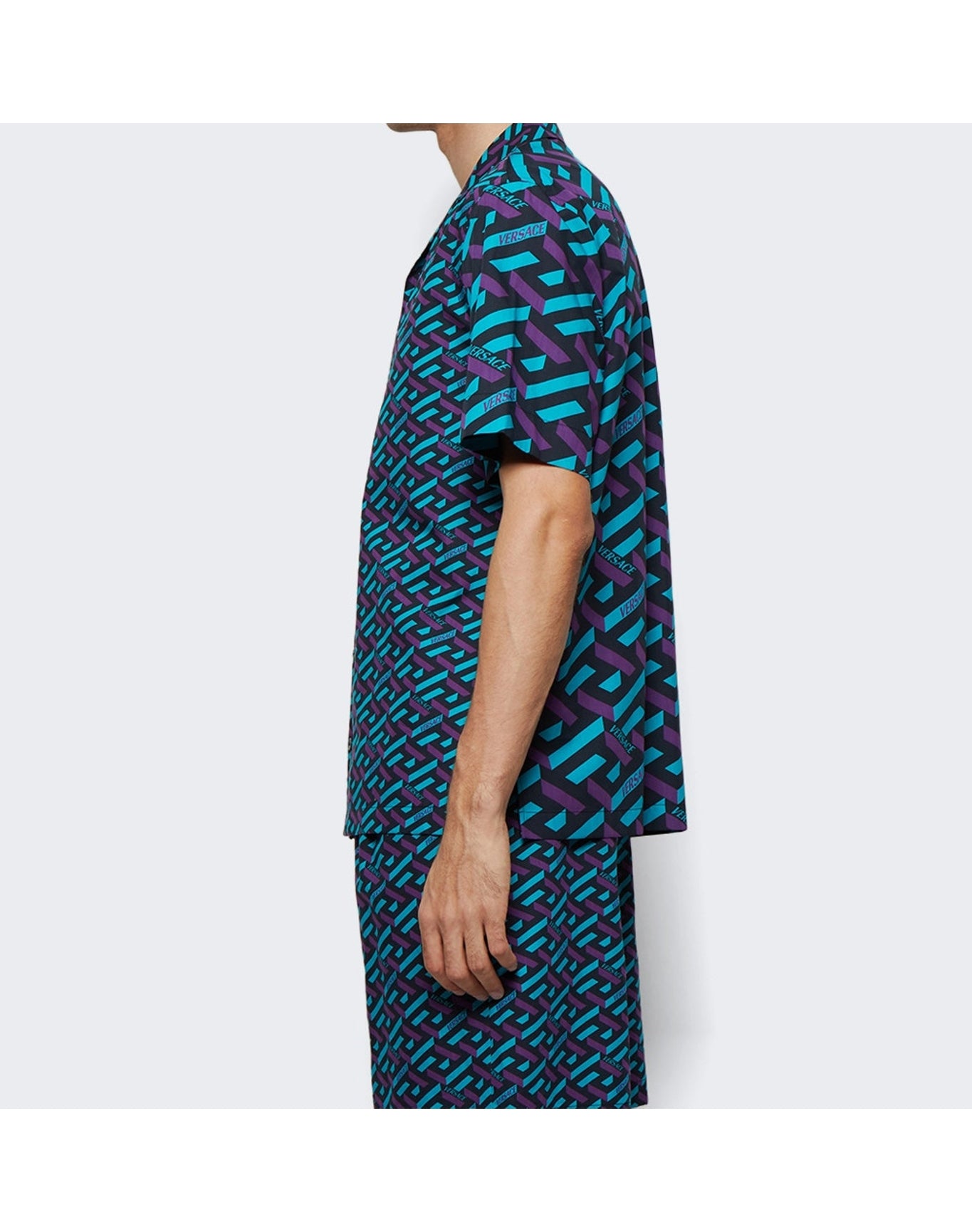 Versace | Men | Cotton Voile La Greca Short Sleeve Shirt | Teal x Purple