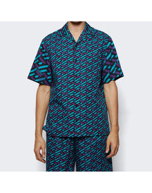 Versace | Men | Cotton Voile La Greca Short Sleeve Shirt | Teal x Purple
