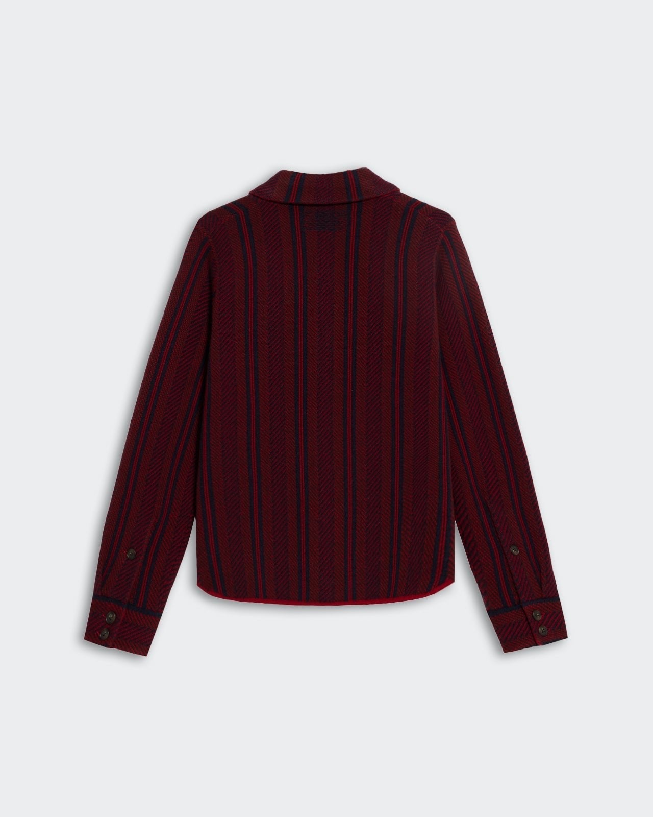 Dylan Stripe Shirt - Ruby Combo shown from the back with red and black vertical stripe pattern and buttoned cuffs.