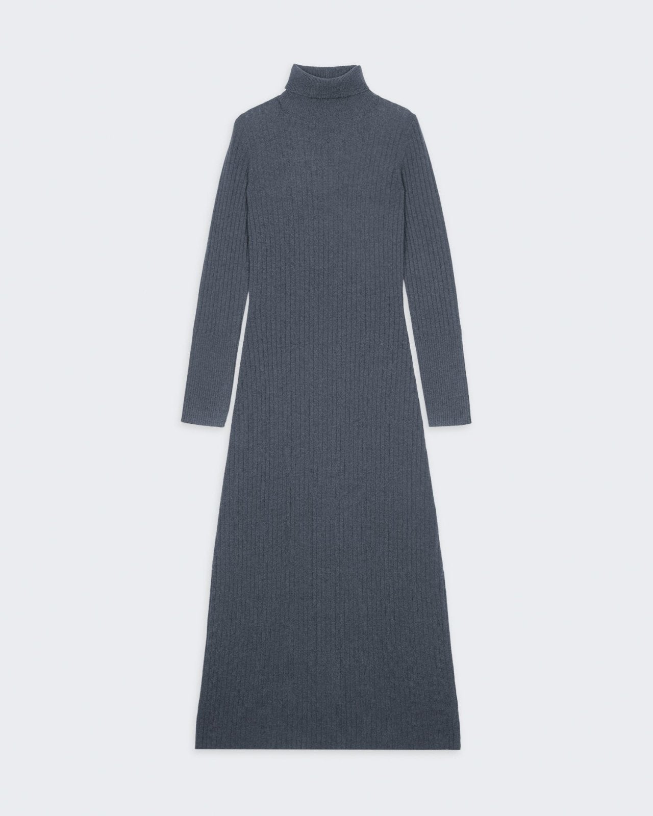 Wide Rib Turtleneck Dress In Cashmere - Charcoal, slim fit, long line, rib knit, fold over neck trim, 100% cashmere.
