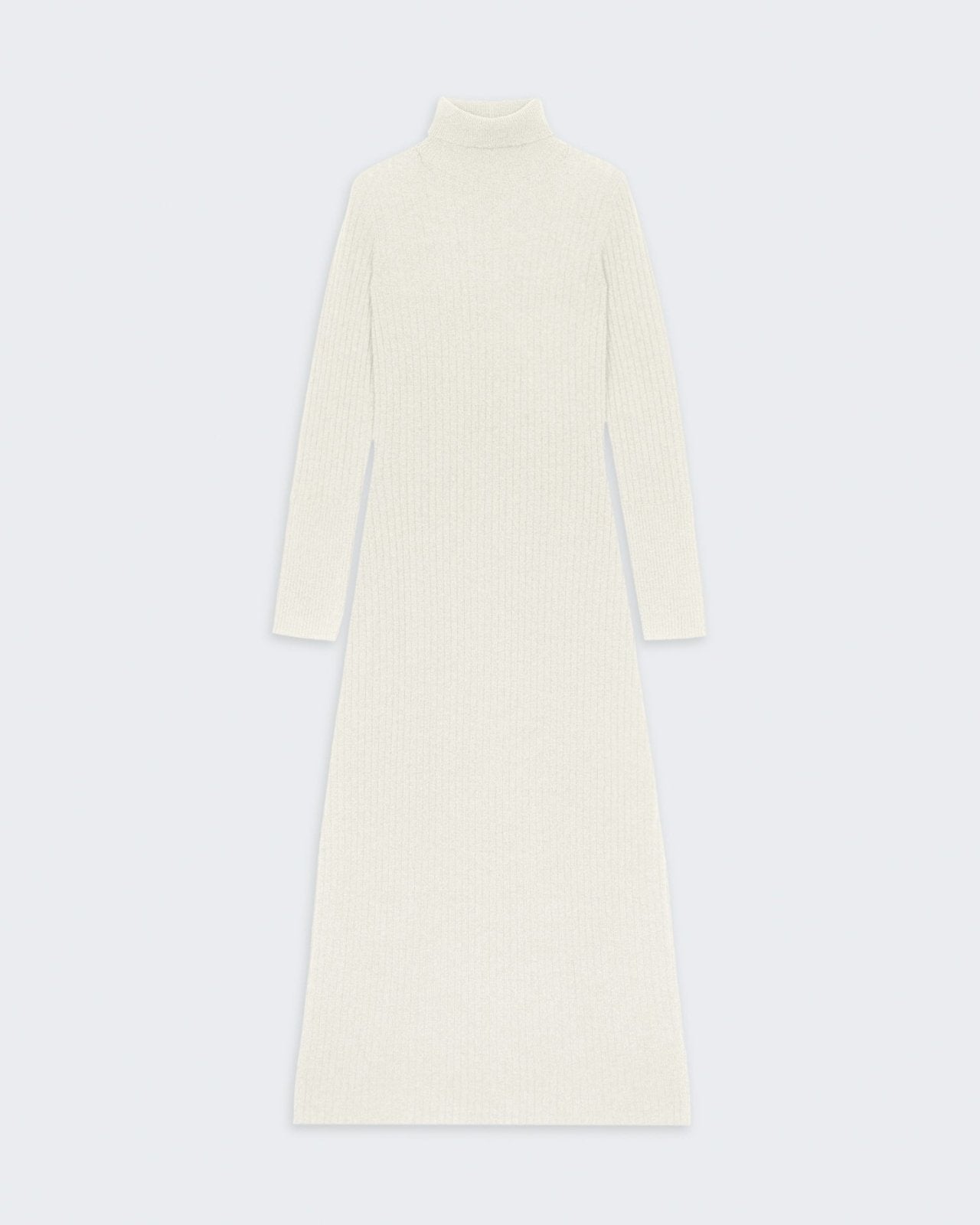 Wide Rib Turtleneck Dress In Cashmere - Cream long slim fit rib knit soft 100% cashmere turtleneck dress