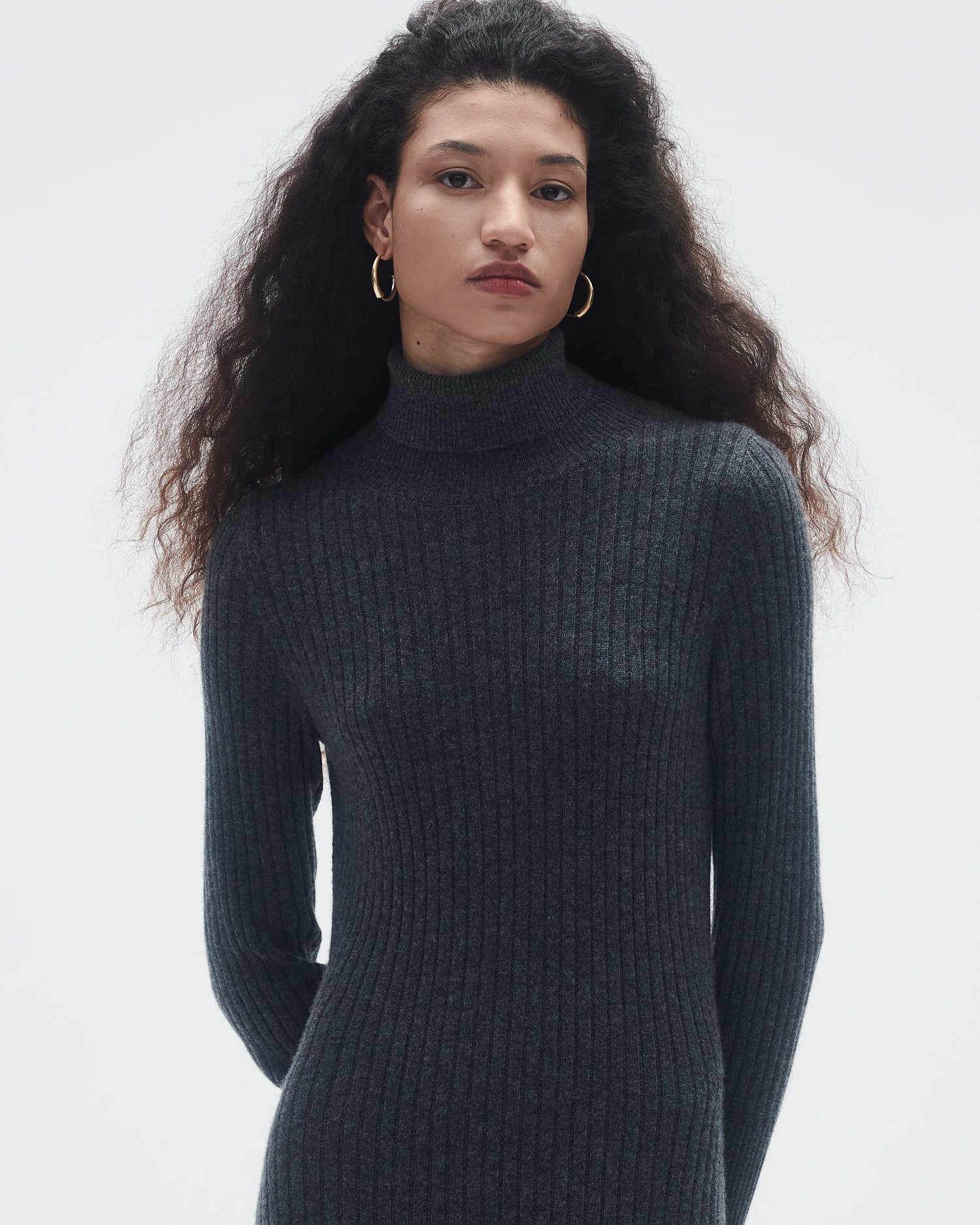Womens | Wide Rib Turtleneck Dress In Cashmere | Charcoal
