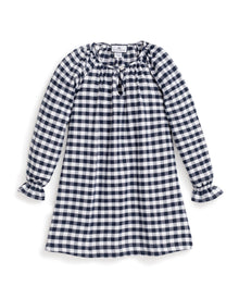 A long-sleeve dress with navy and white gingham print features a gathered neckline with a small tie, ruffled cuffs, and an A-line shape, reminiscent of Petite Plumes Girls Flannel Delphine Nightgown.