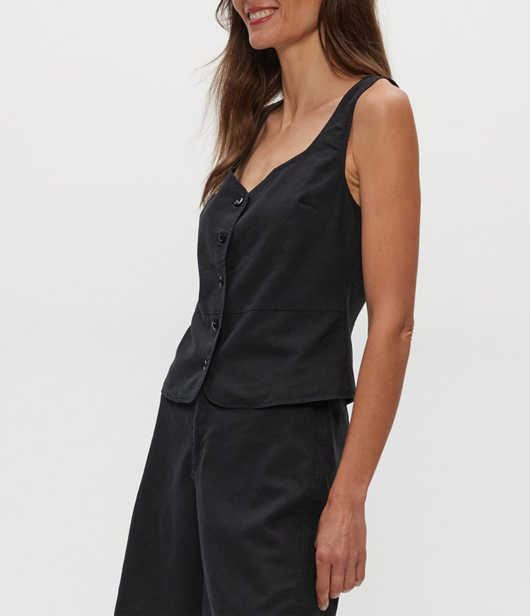 Honey Linen Button Up Vest | Black