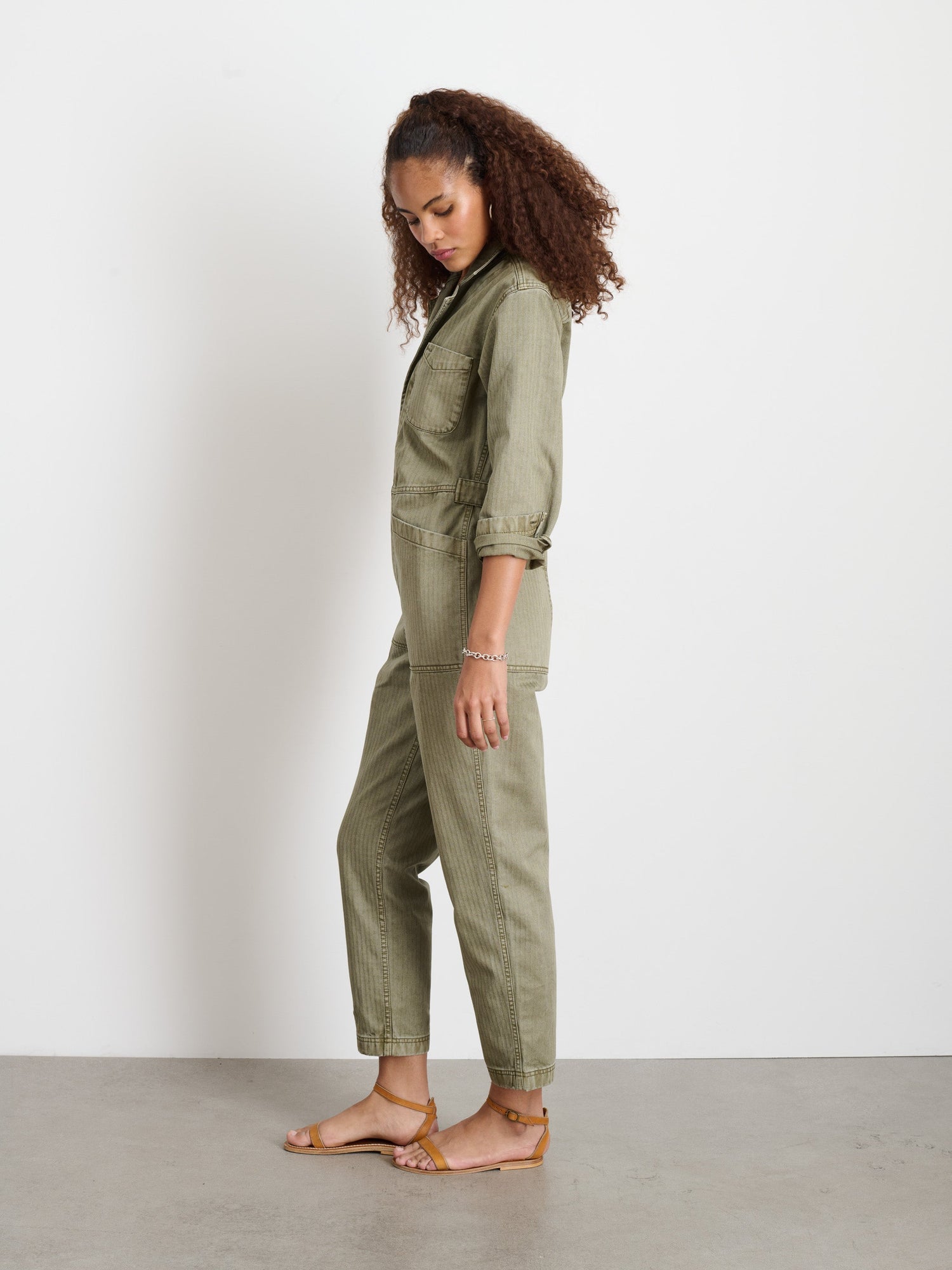Women | Standard Zip Jumpsuit | Herringbone Vintage Olive