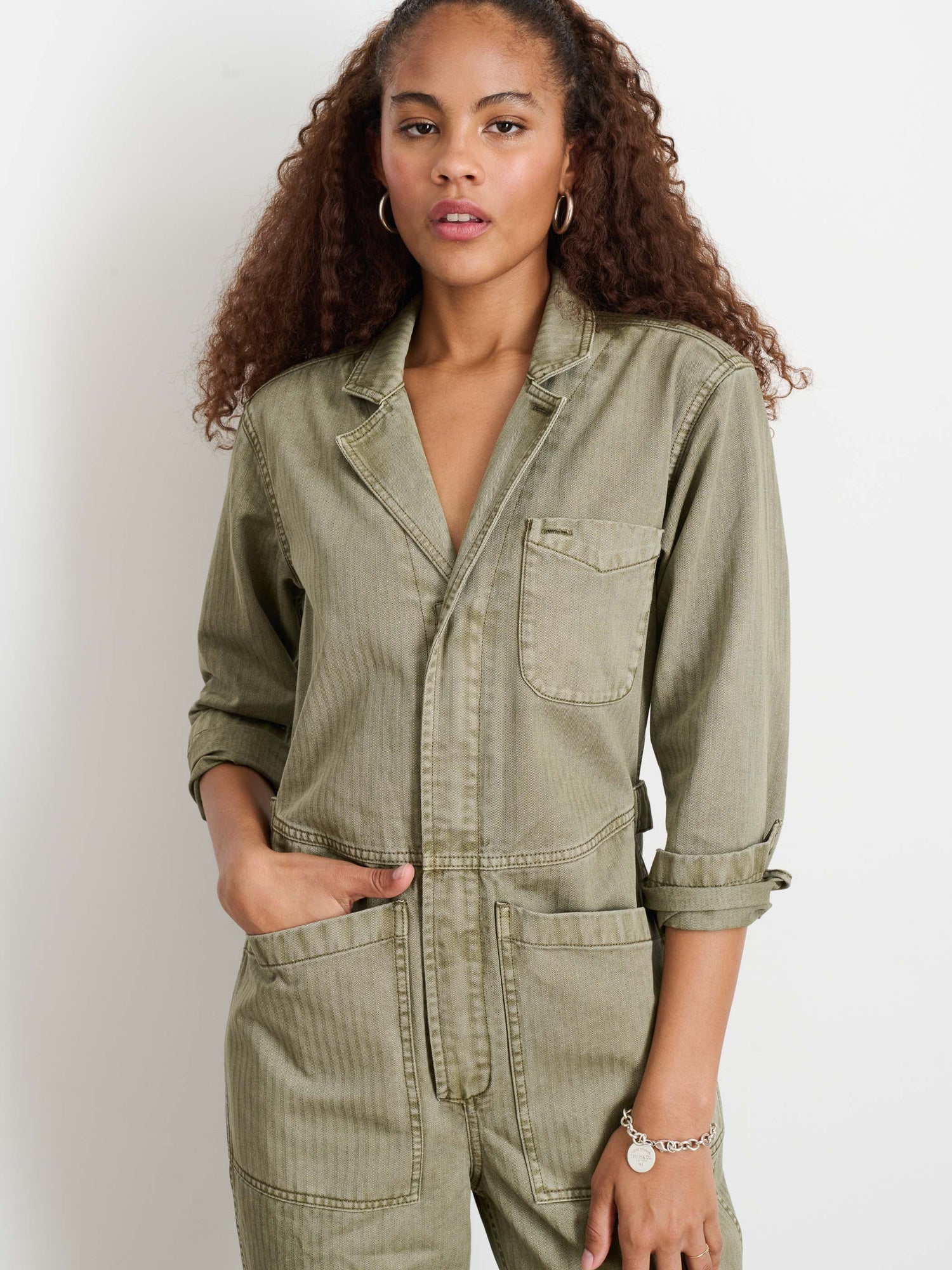 Women | Standard Zip Jumpsuit | Herringbone Vintage Olive