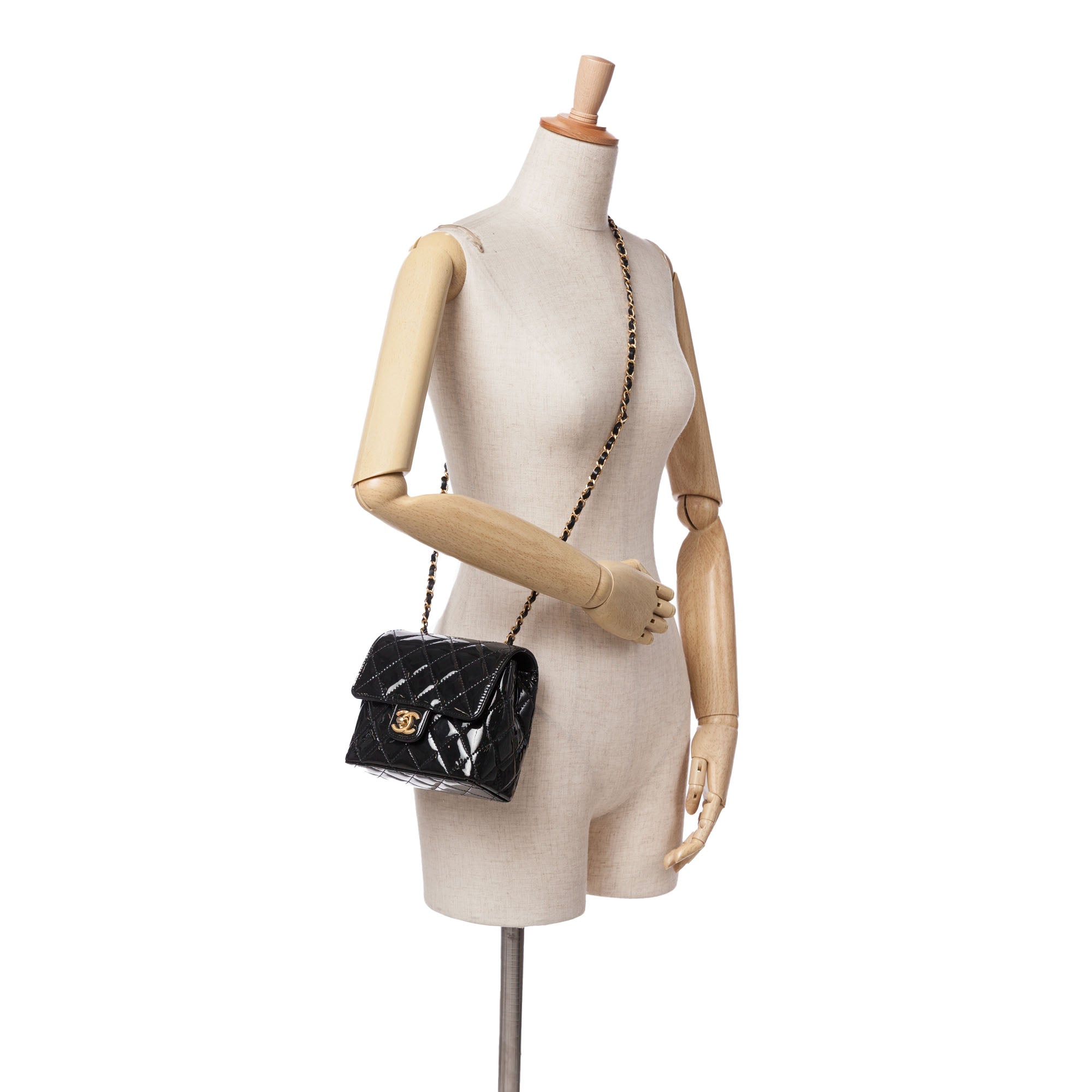 Chanel | Pre-Owned Mini Square Classic Patent Single Flap with Golden Chain Shoulder Strap | Black