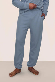 Model is wearing Mens French Terry Jogger in Faded Denim