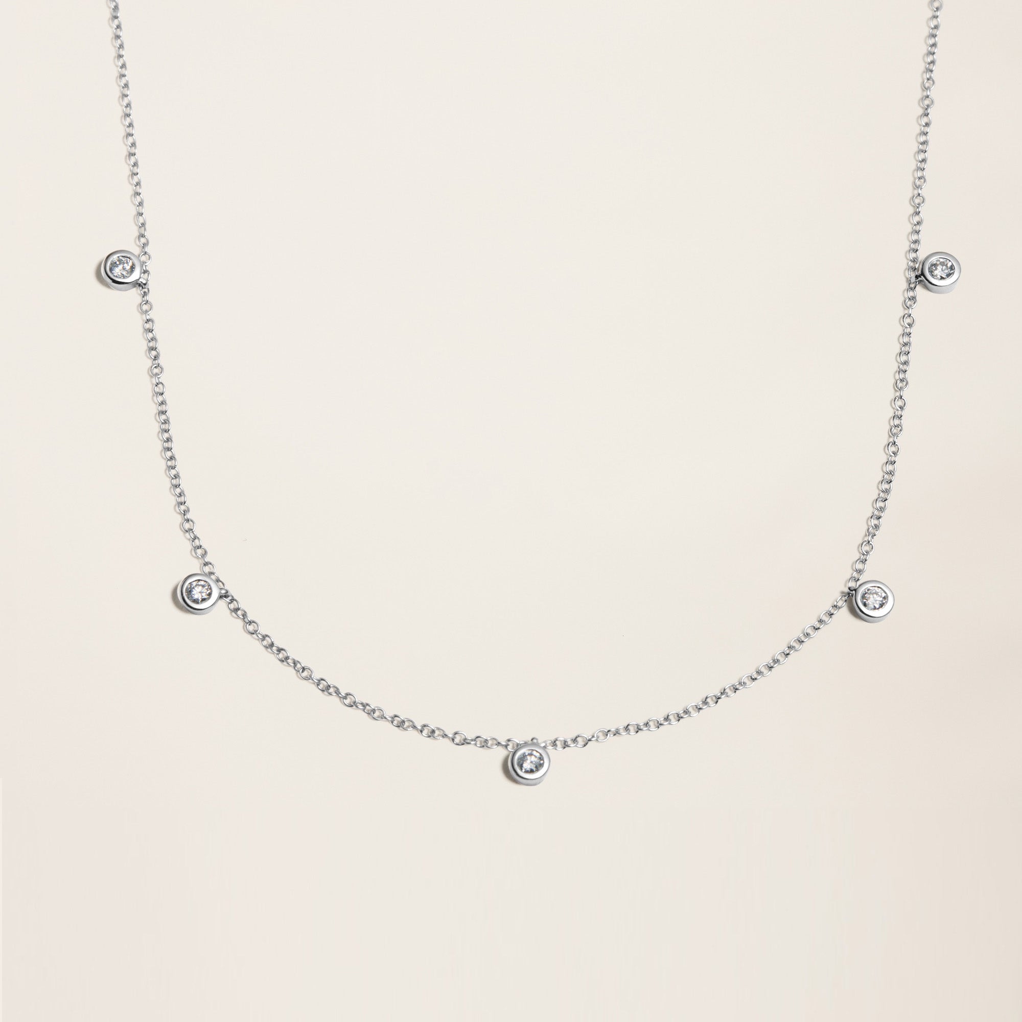 Womens | 14K Solid White Gold | Five-Stone Bezel Necklace | 0.325 CTW Diamonds