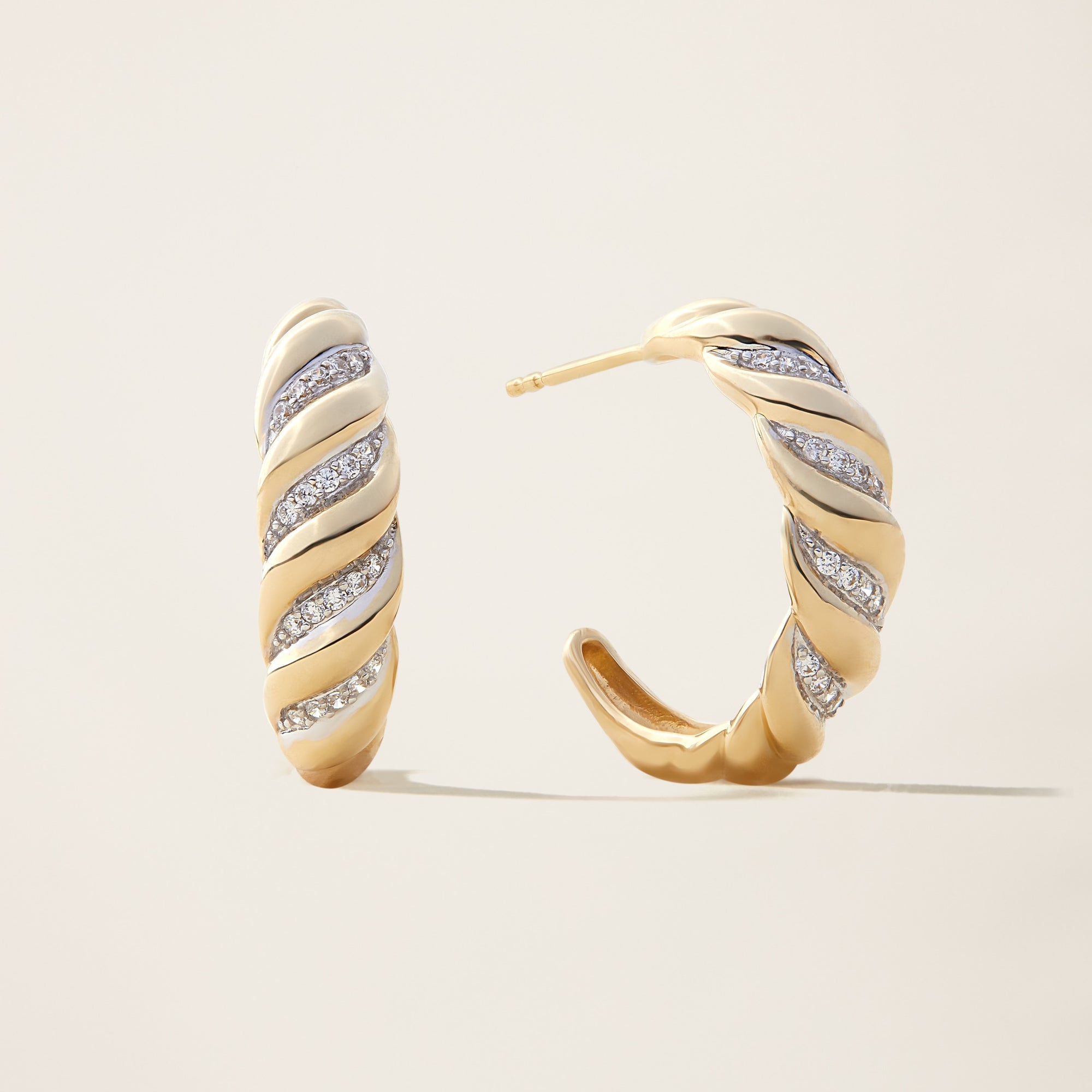 Womens | 14K Solid Yellow Gold | Croissant Hoop Earrings | 0.20 CTW Diamonds