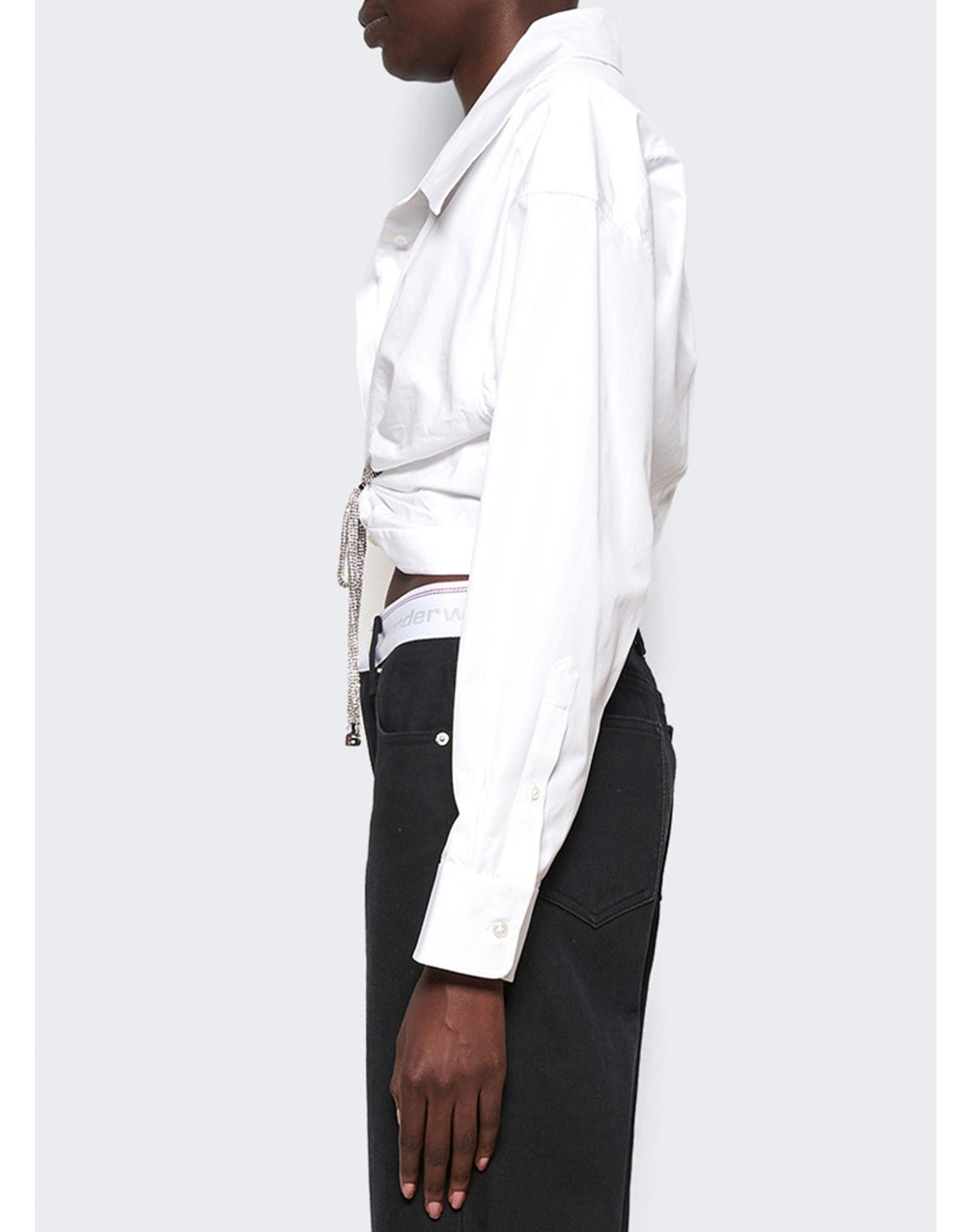 Alexander Wang | Women | Cropped Button Crystal Tie Shirt In Cotton Poplin | White