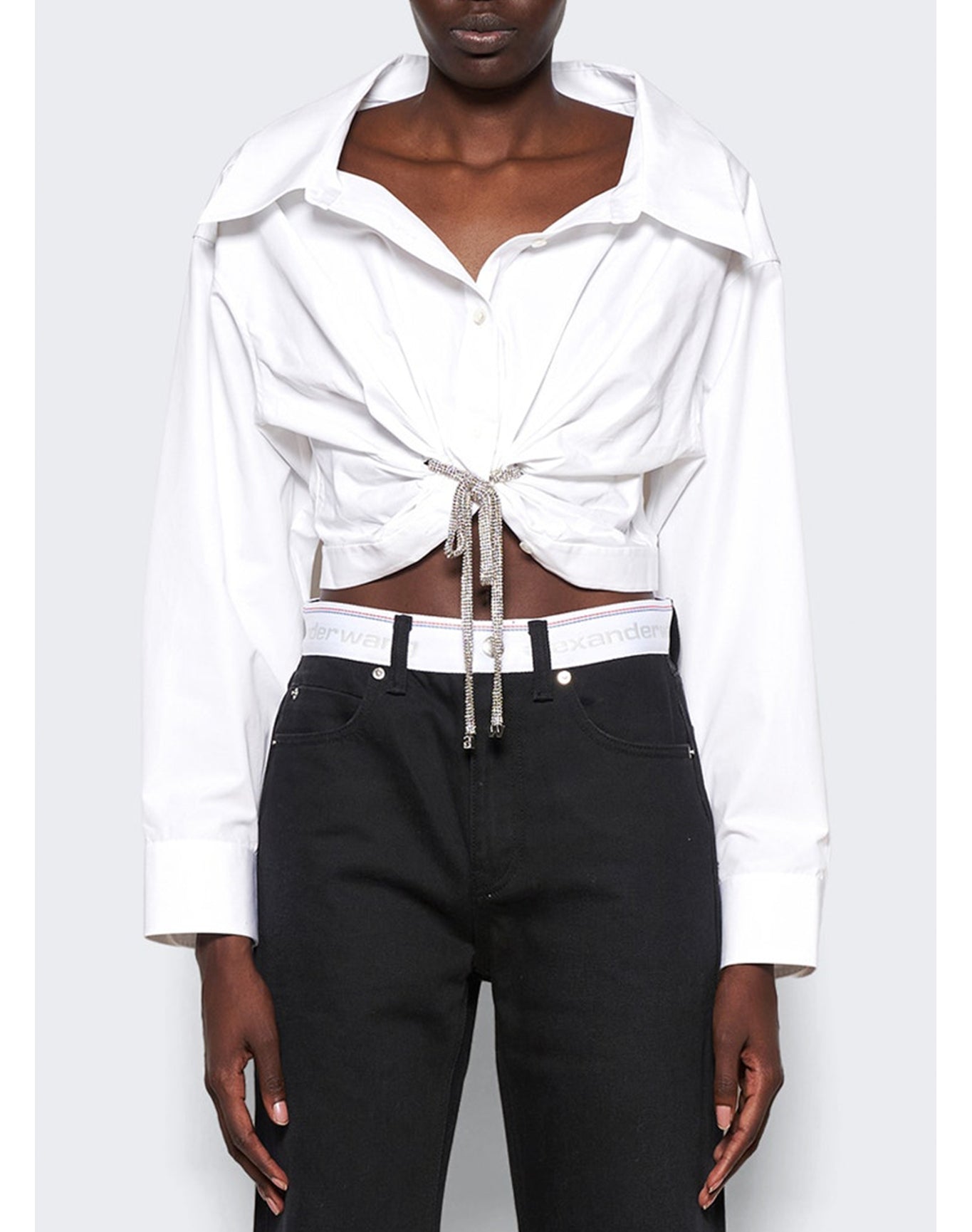 Alexander Wang | Women | Cropped Button Crystal Tie Shirt In Cotton Poplin | White