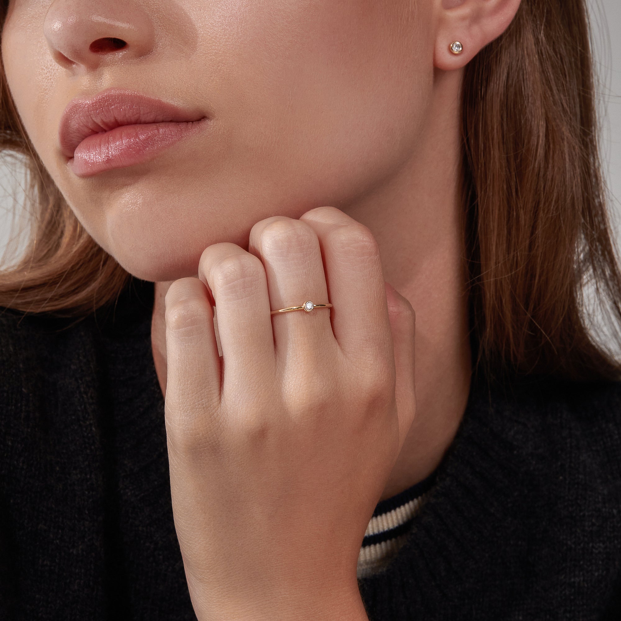 Womens | 14K Solid Yellow Gold | Solitaire Bezel Ring | 0.065 CTW Diamonds