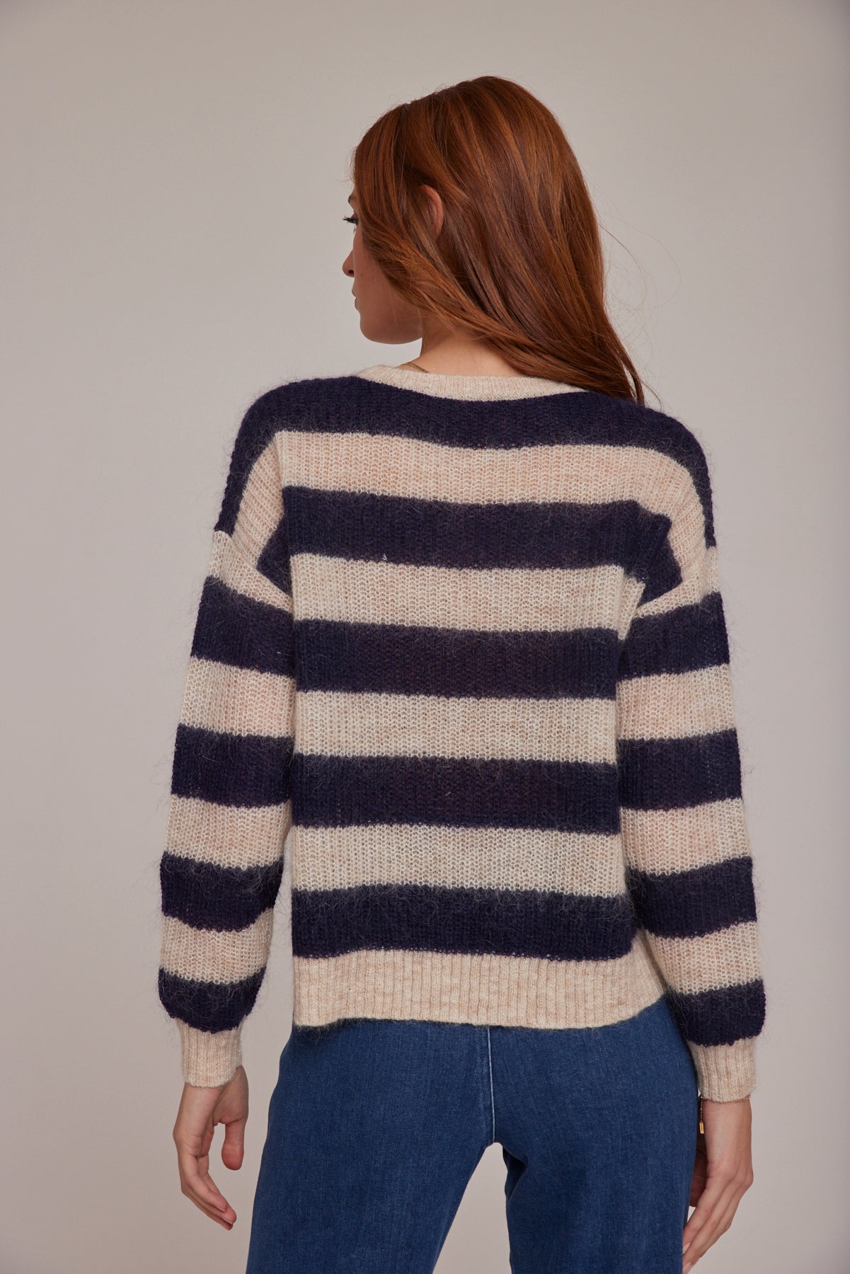 Crew Neck Relaxed Sweater - Navy Stripes