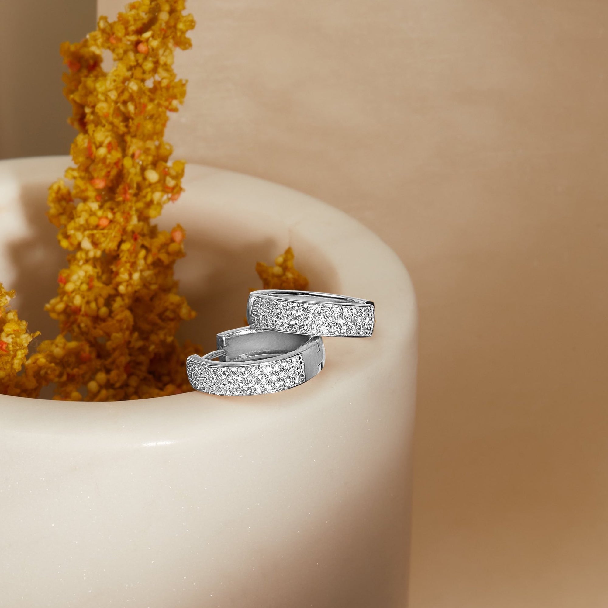 Womens | 14K Solid White Gold | Micro Pave Huggie Earrings | 0.50 CTW Diamonds