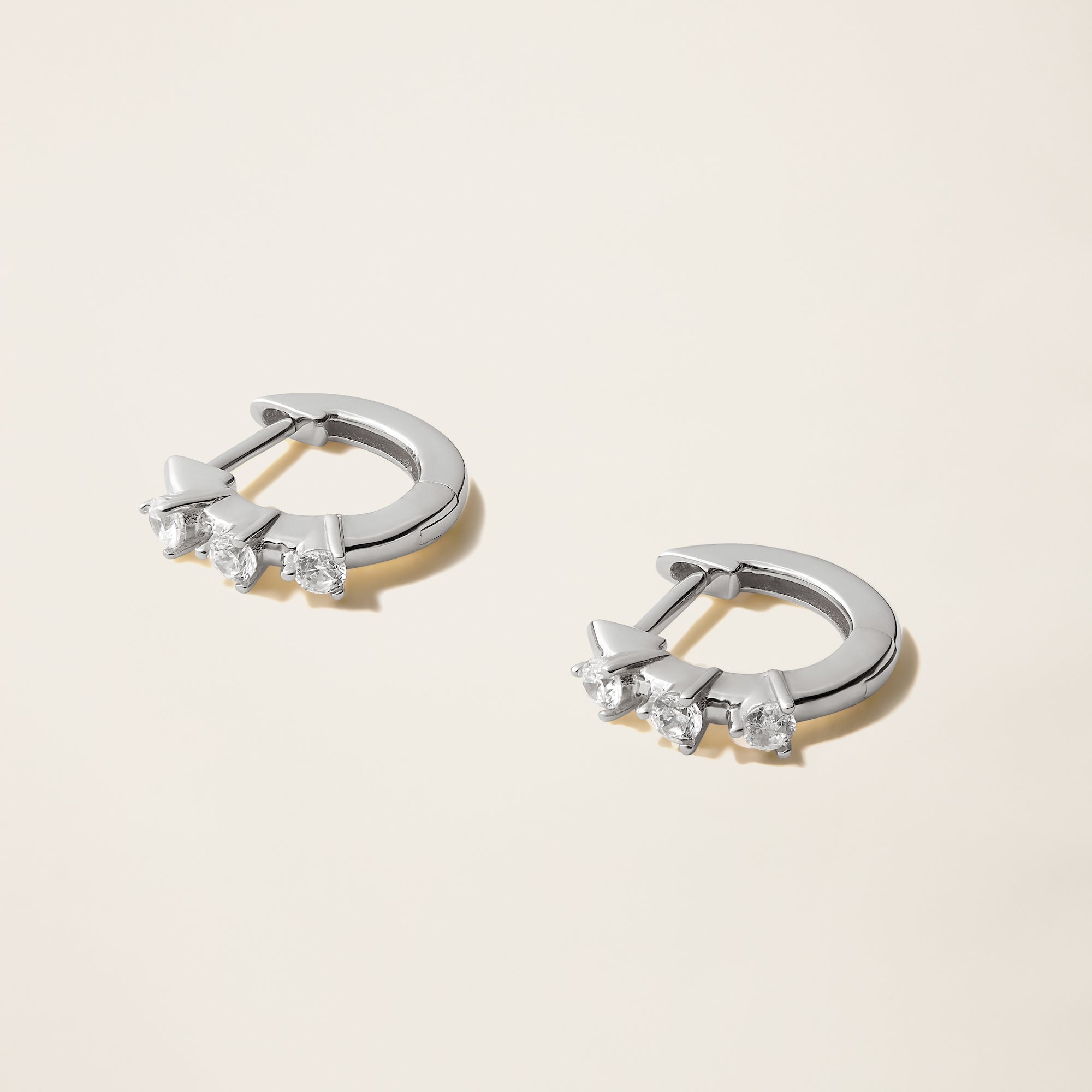 Womens | 14K Solid White Gold | Three-Stone Huggie Earrings | 0.24 CTW Diamonds