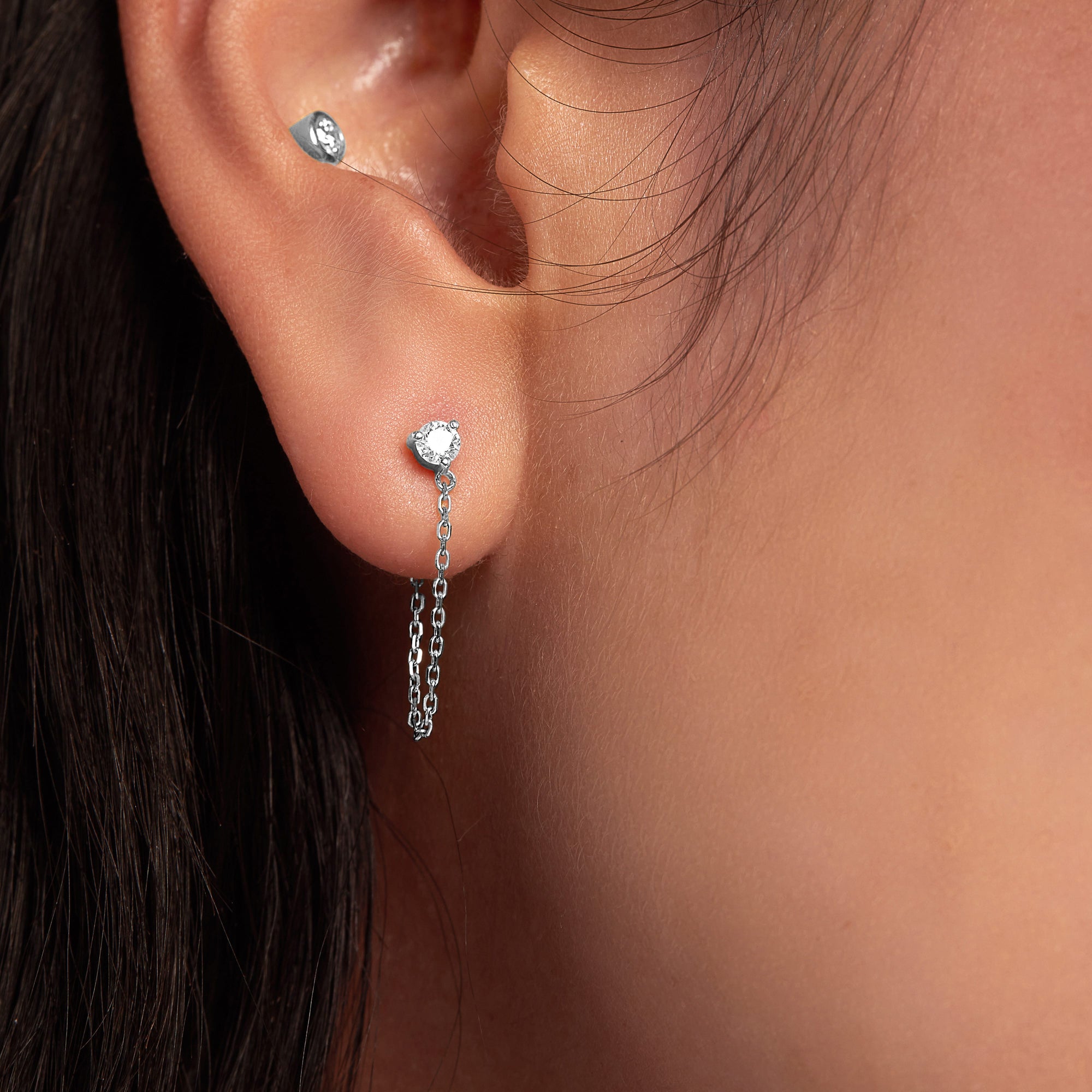 Womens | 14K Solid White Gold | Drop Chain Earrings | 0.20 CTW Diamonds