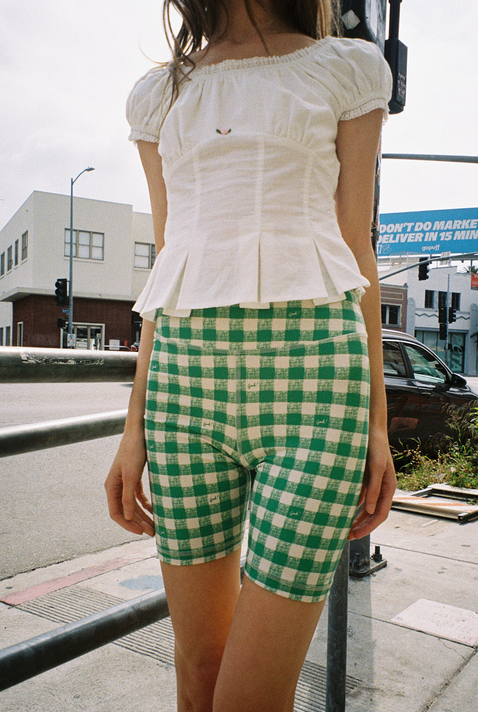 Organic Stretch Biker Short | Basil Gingham