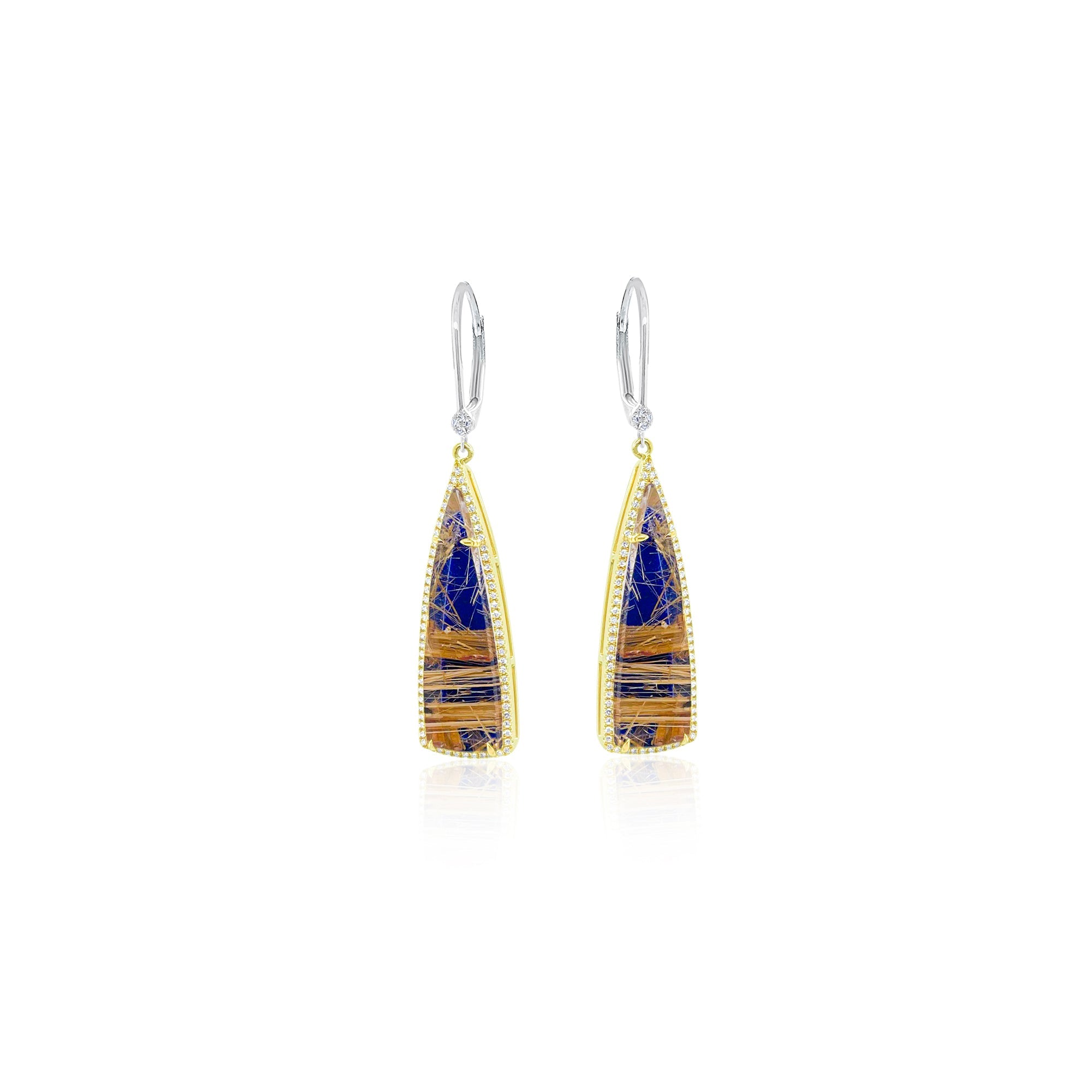 Two Tone Gold Rutilated Quartz Lapis Doublet Earrings | Two Tone