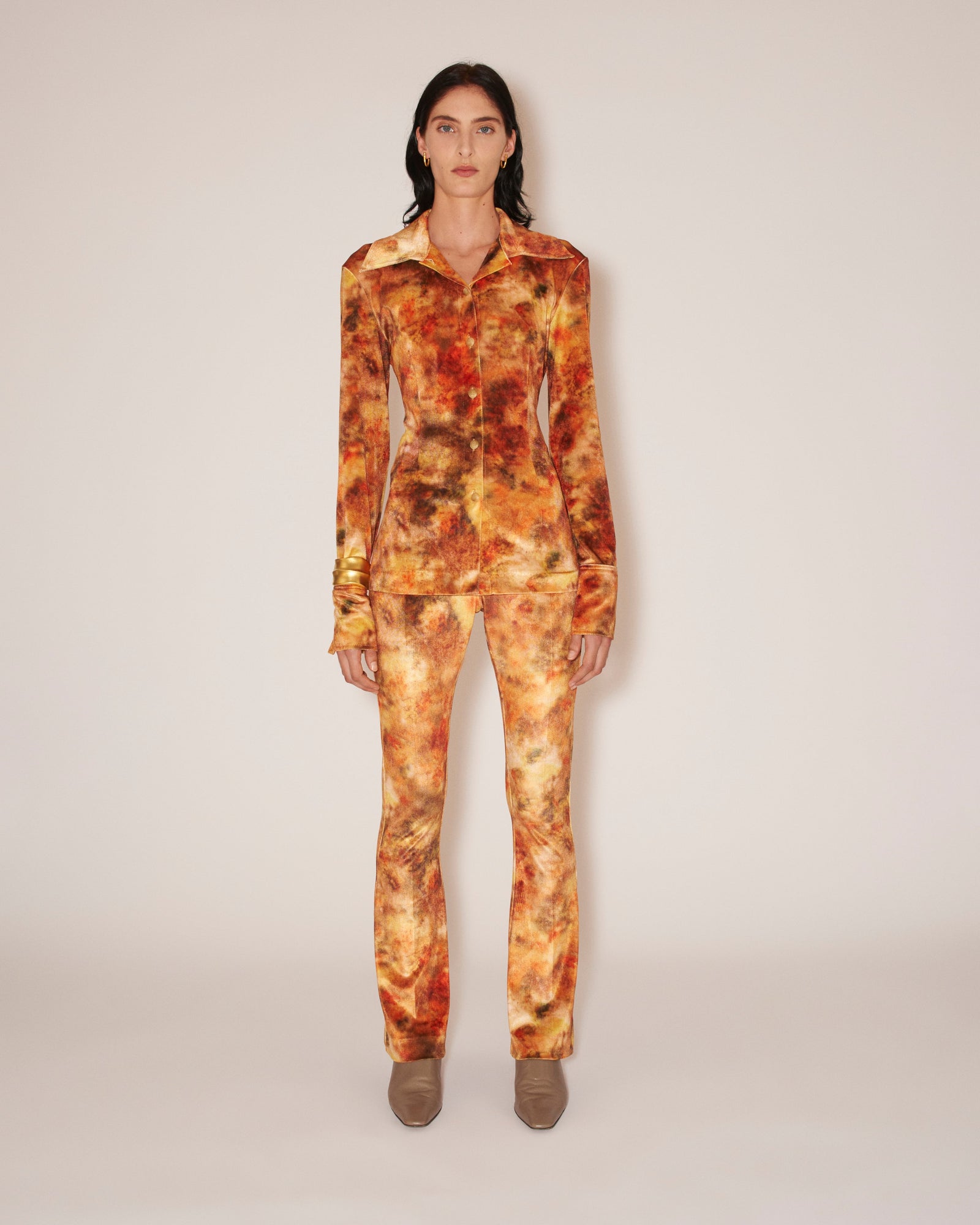 Annick Printed Stretch-Velvet Shirt | Hazy Floral Orange