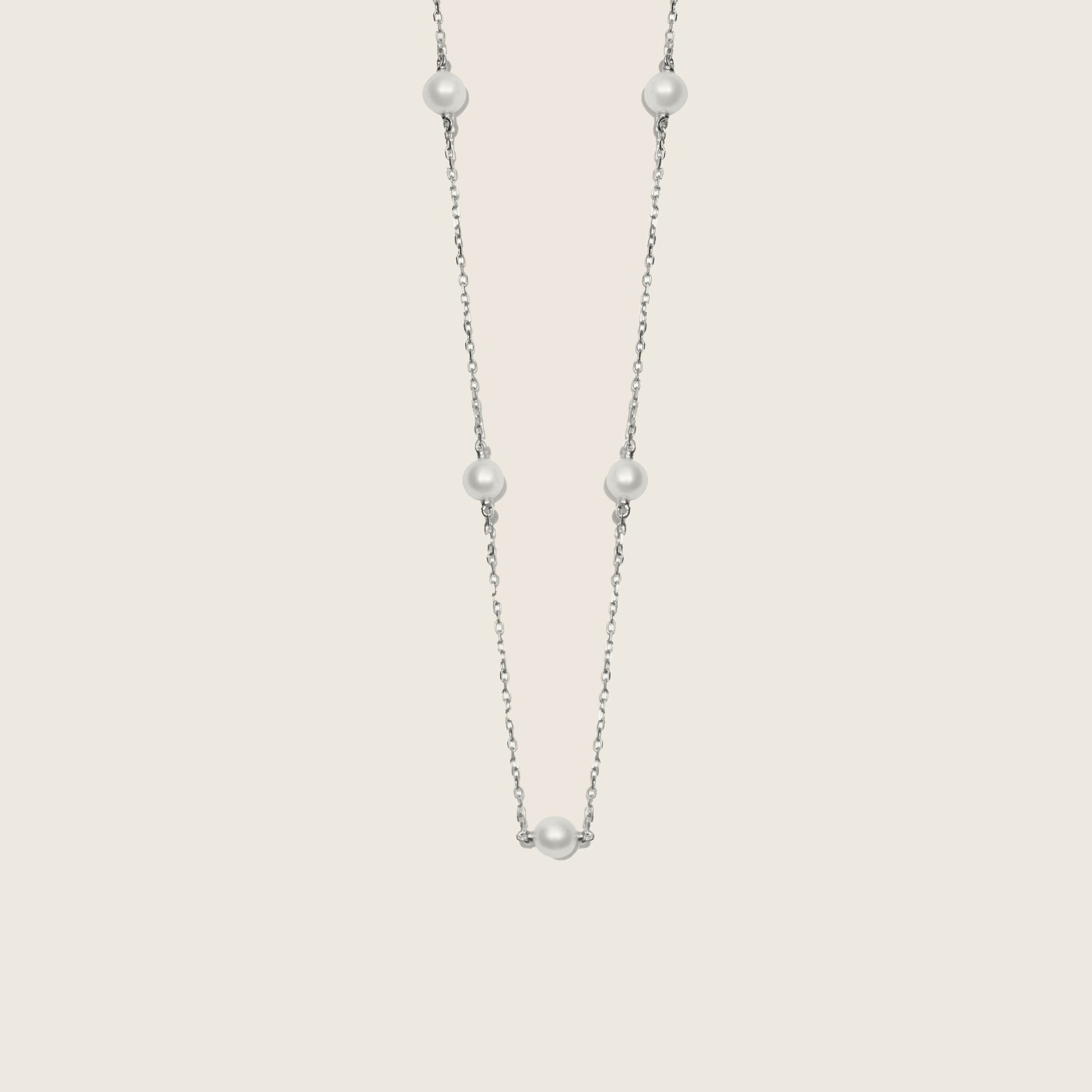 Womens | 14K Solid White Gold | Petite Cultured Pearl Station Necklace | Freshwater Pearls