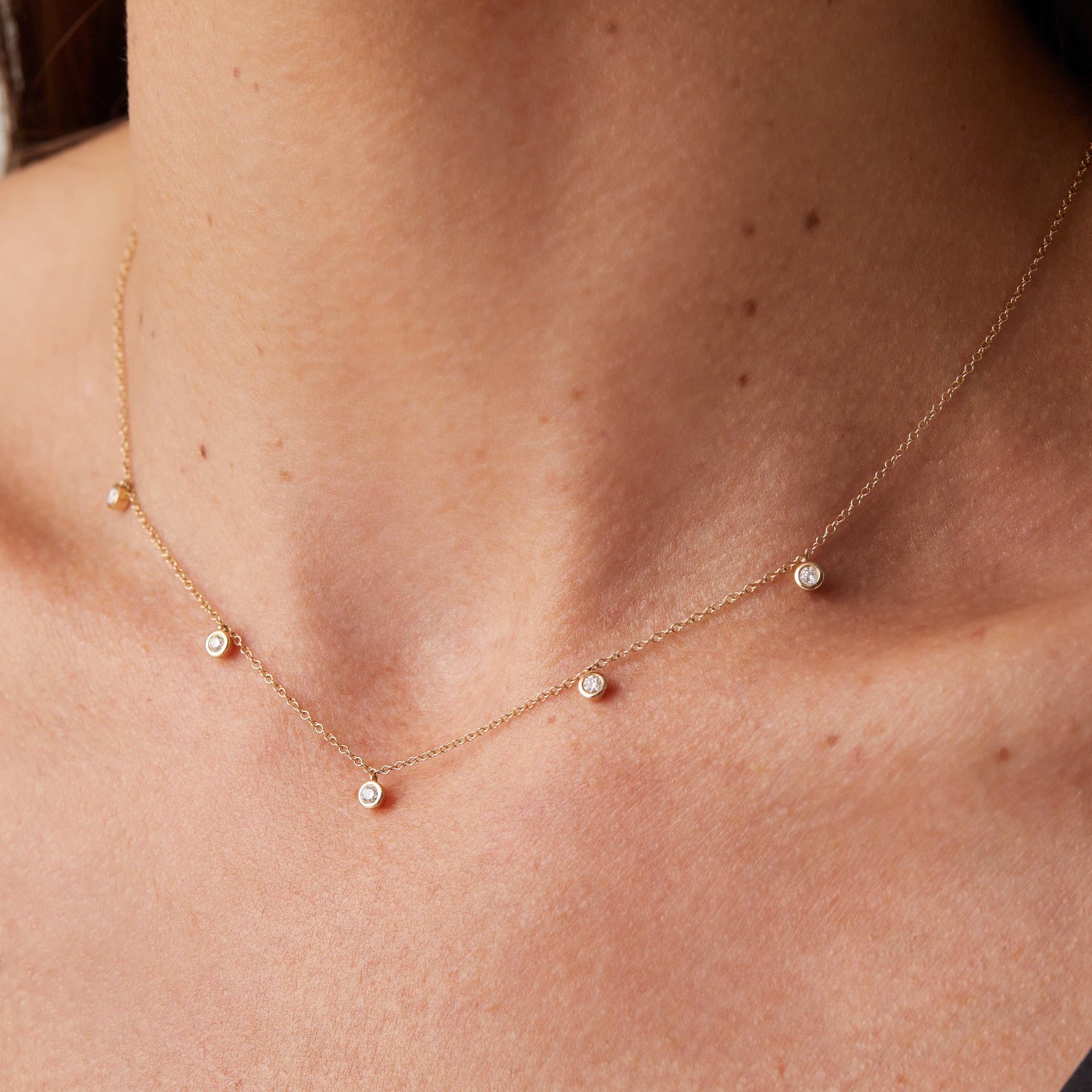Womens | 14K Solid Yellow Gold | Five-Stone Bezel Necklace | 0.325 CTW Diamonds