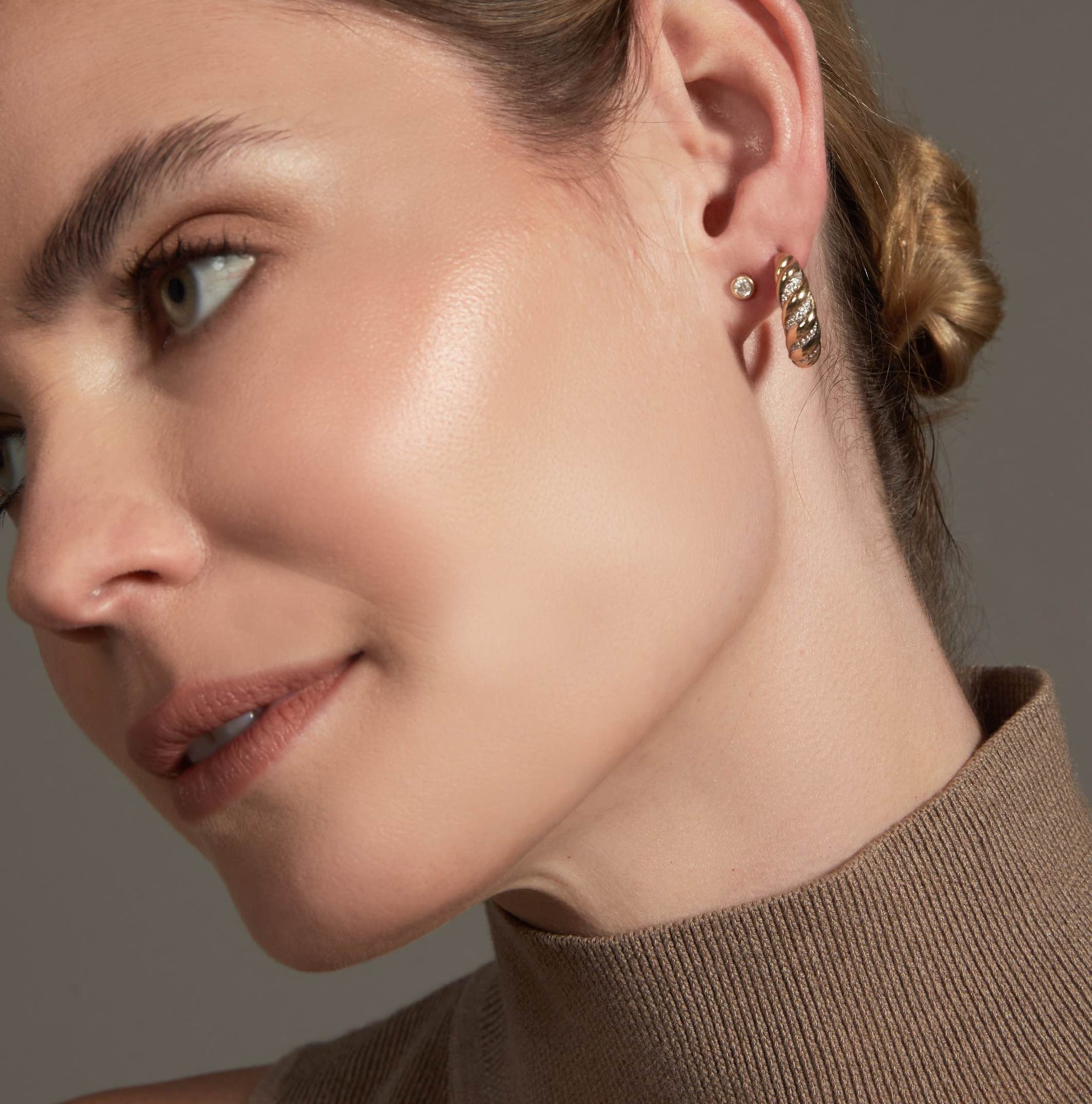 Womens | 14K Solid Yellow Gold | Croissant Hoop Earrings | 0.20 CTW Diamonds