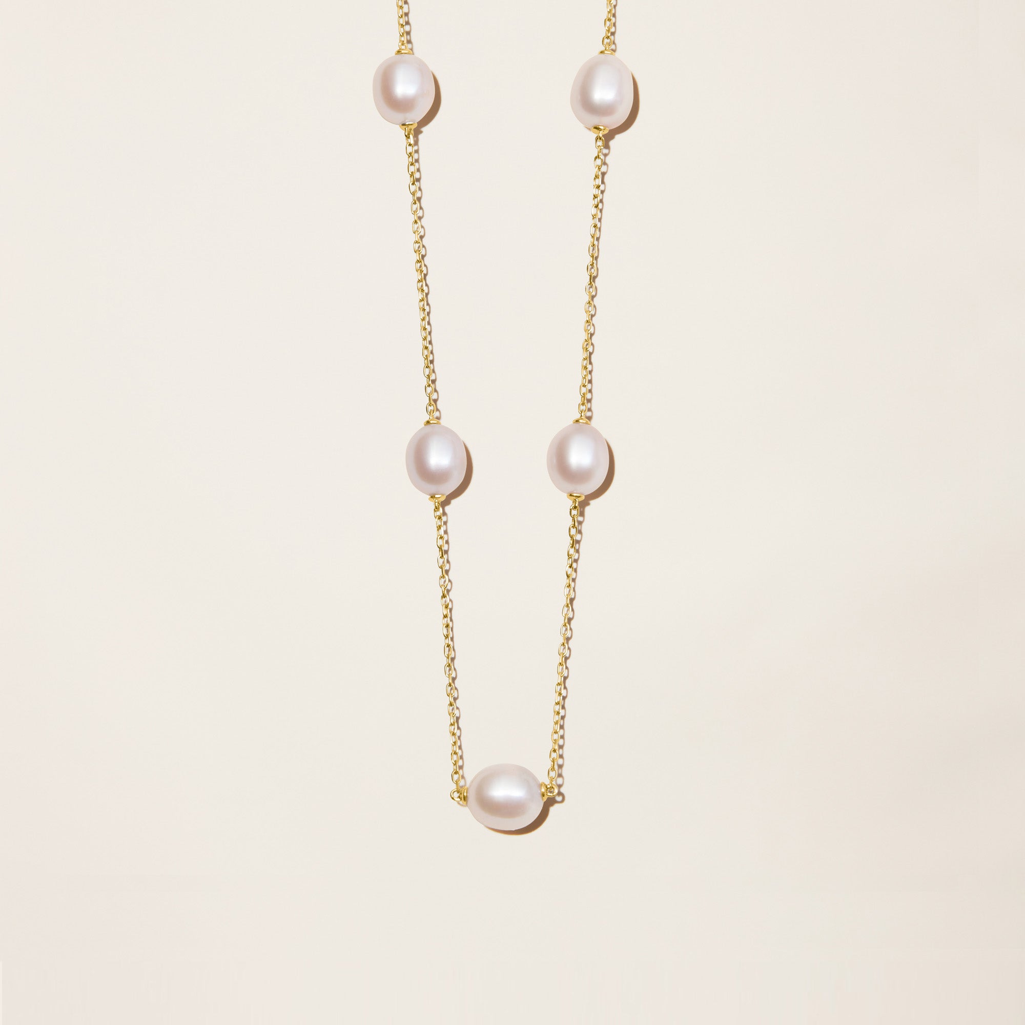 Womens | 14K Solid Yellow Gold | Cultured Pearl Station Necklace | Freshwater Pearls