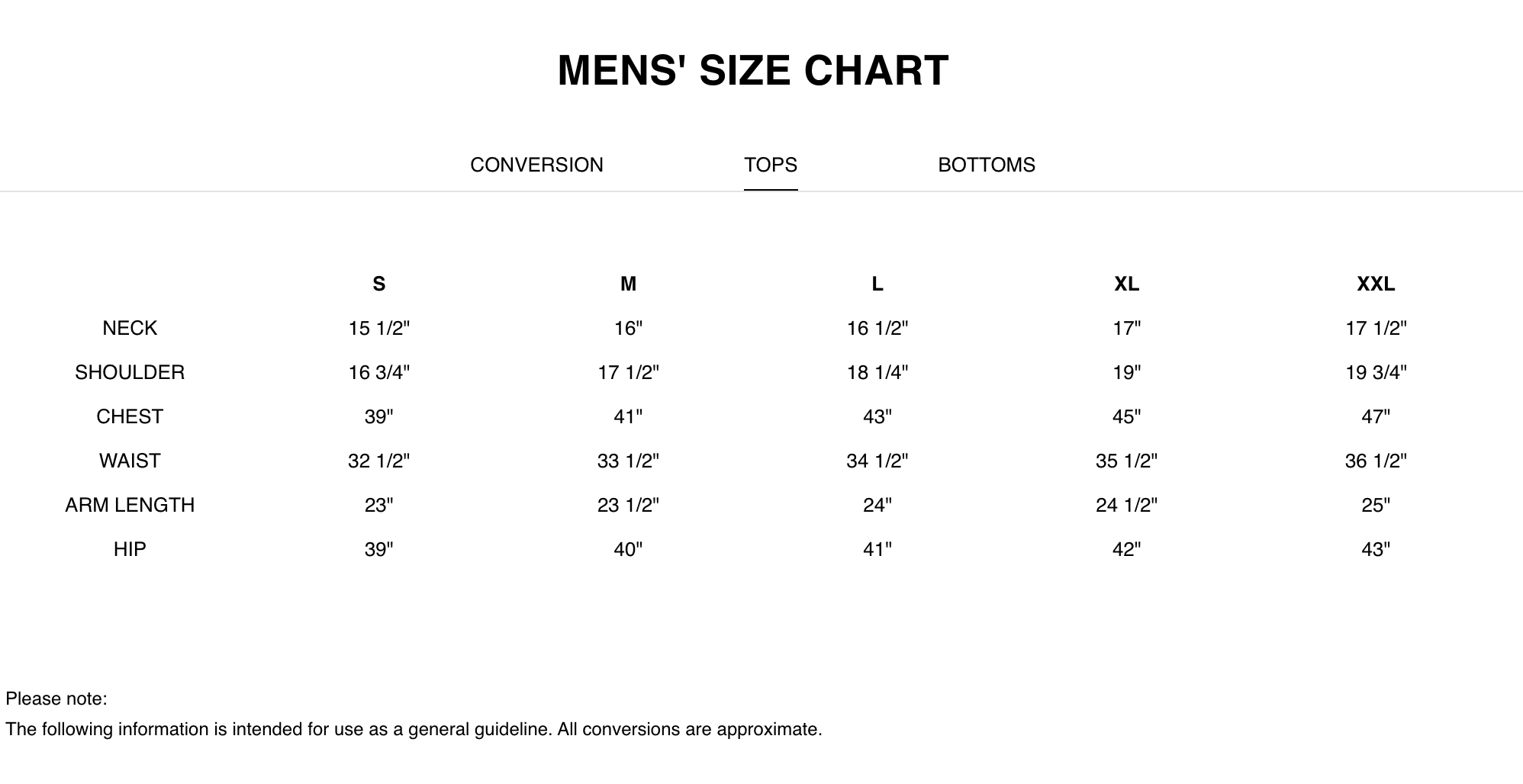 Product size guide