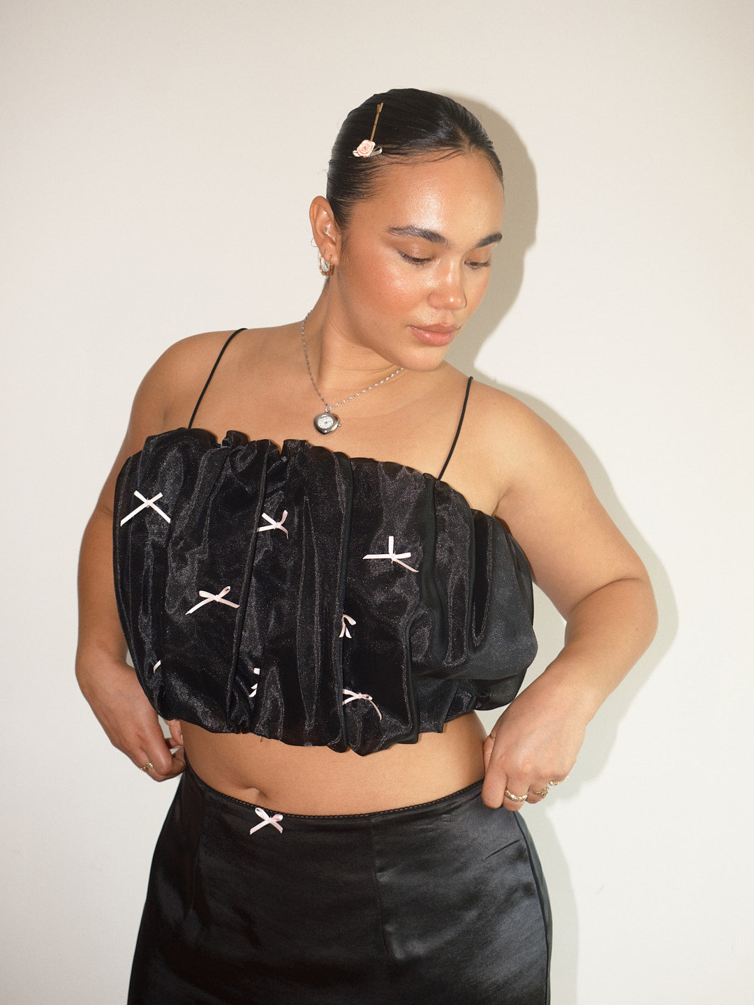 Jemma Bubble Top | Black Pink Bow