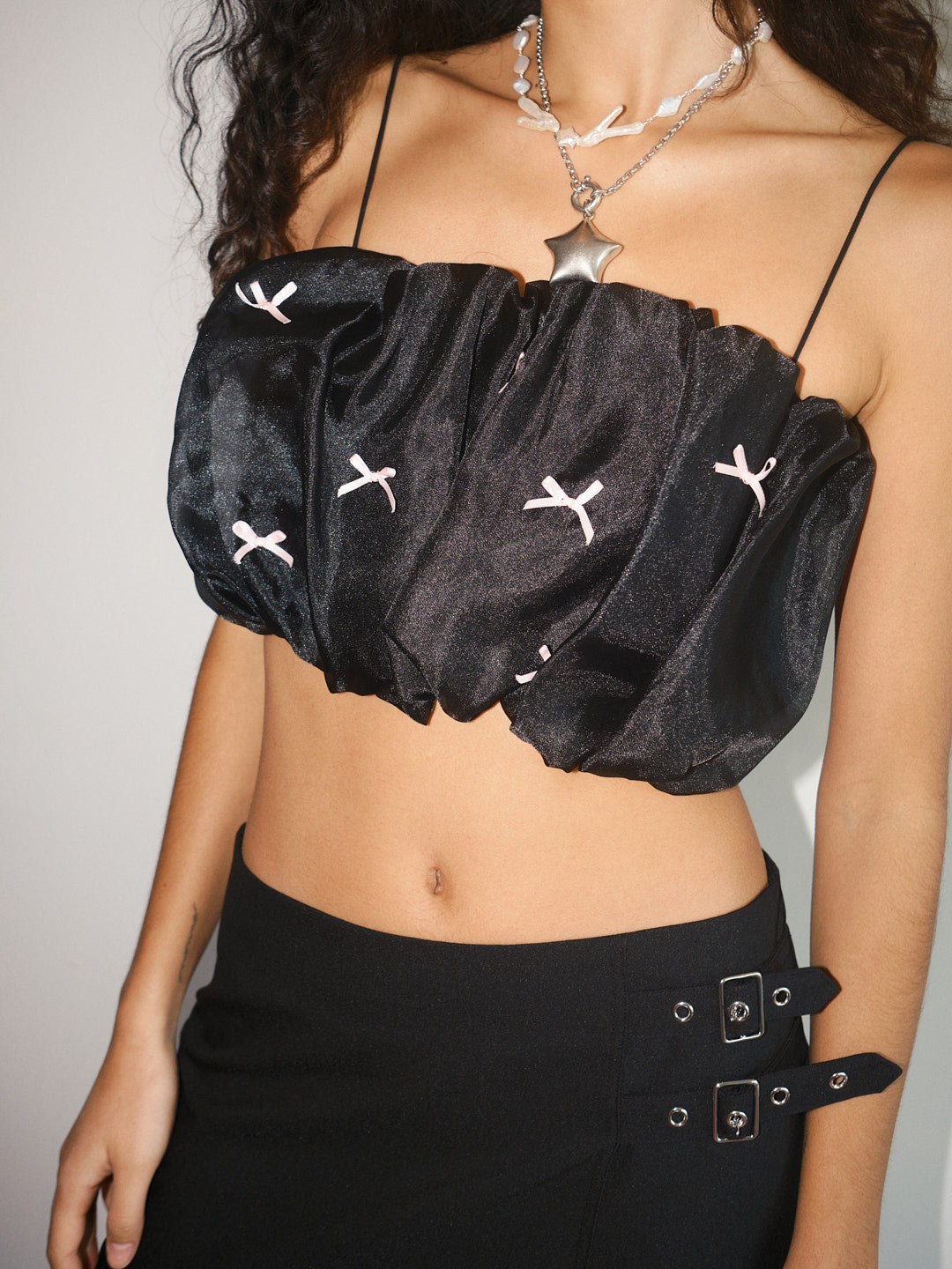 Jemma Bubble Top | Black Pink Bow