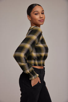 Long Sleeve Smocked Blouse | Green & Black Plaid