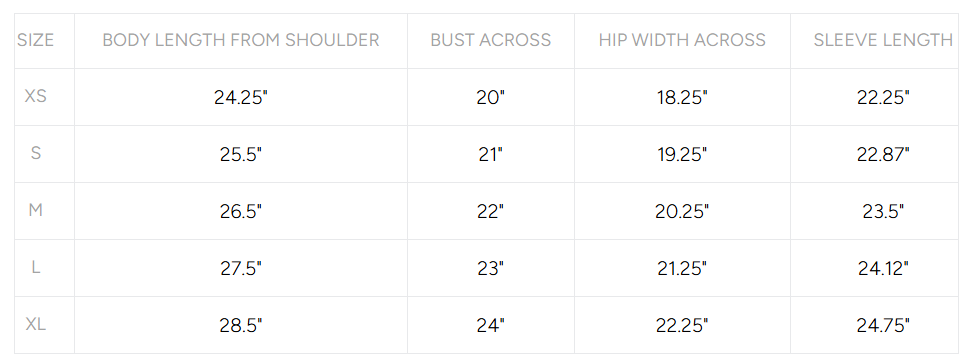 Product size guide