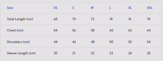 Product size guide