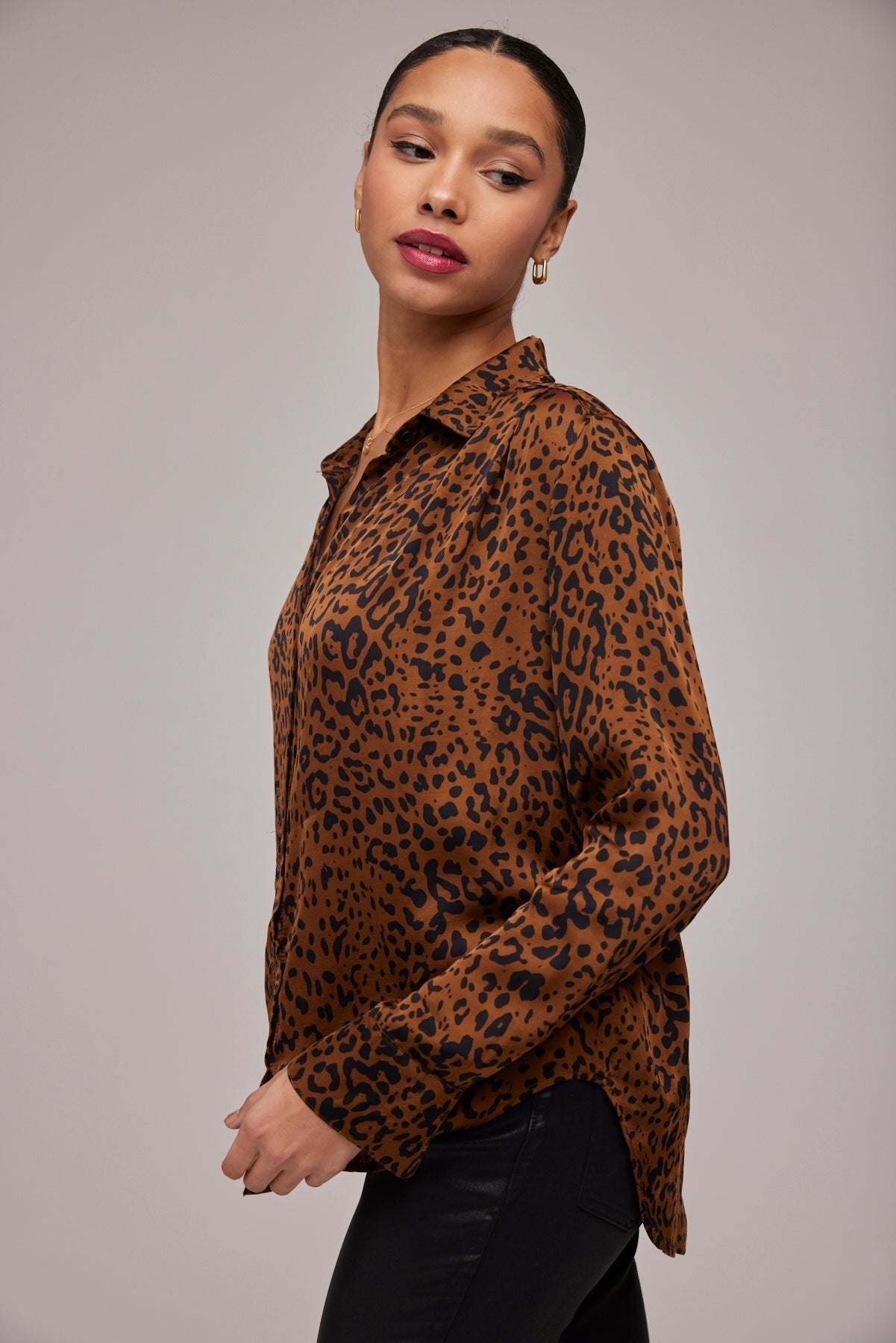 Pleated Button Down Shirt - Gold Spots Print