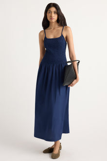 Arya | Venus Smocked Organic Cotton Midi Dress in Size Small