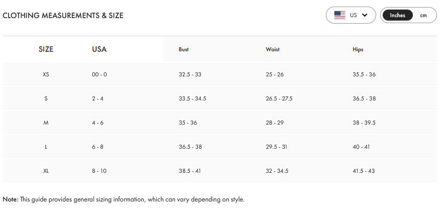 Product size guide